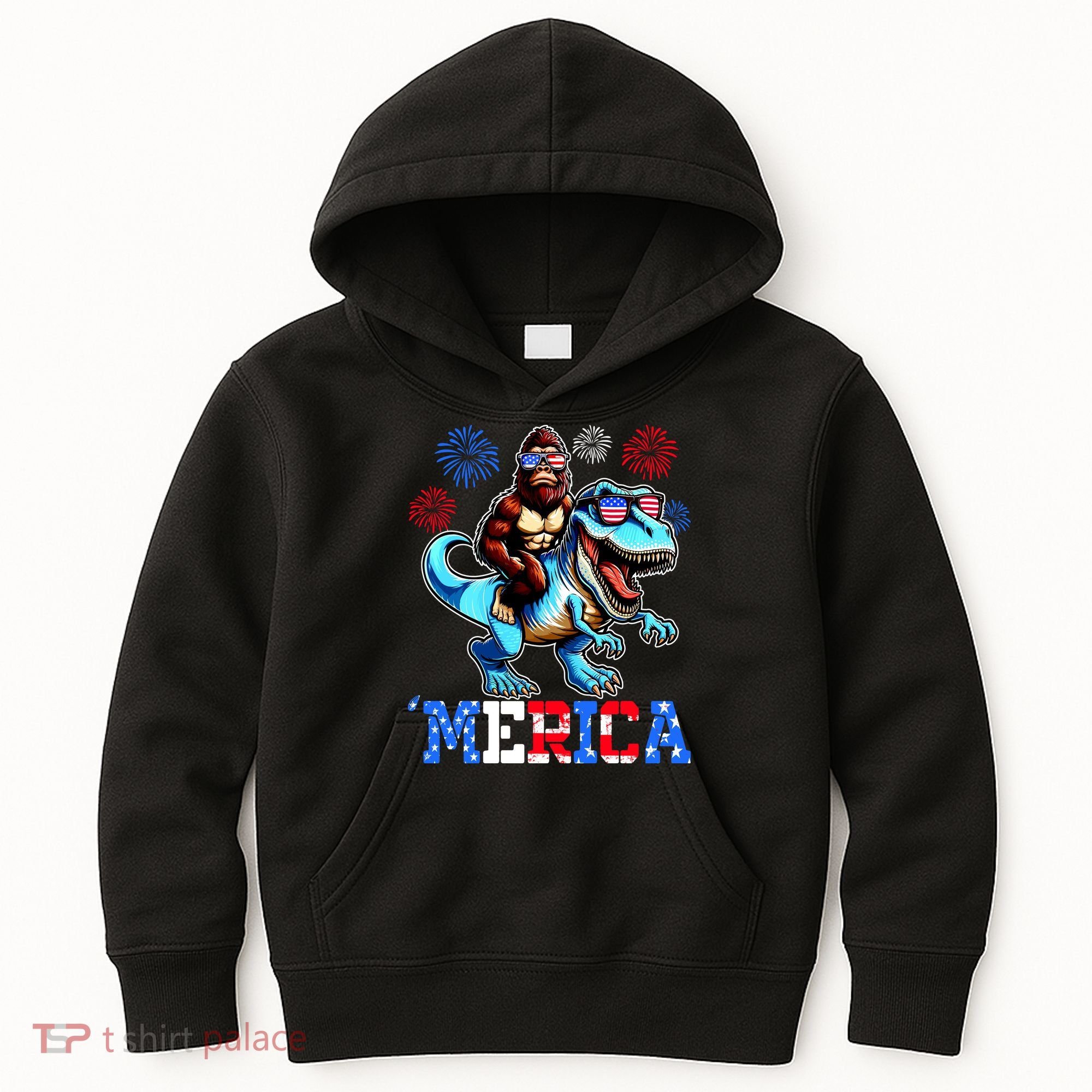 Bigfoot Riding Trex 4th Of July Merica Kids Hoodie