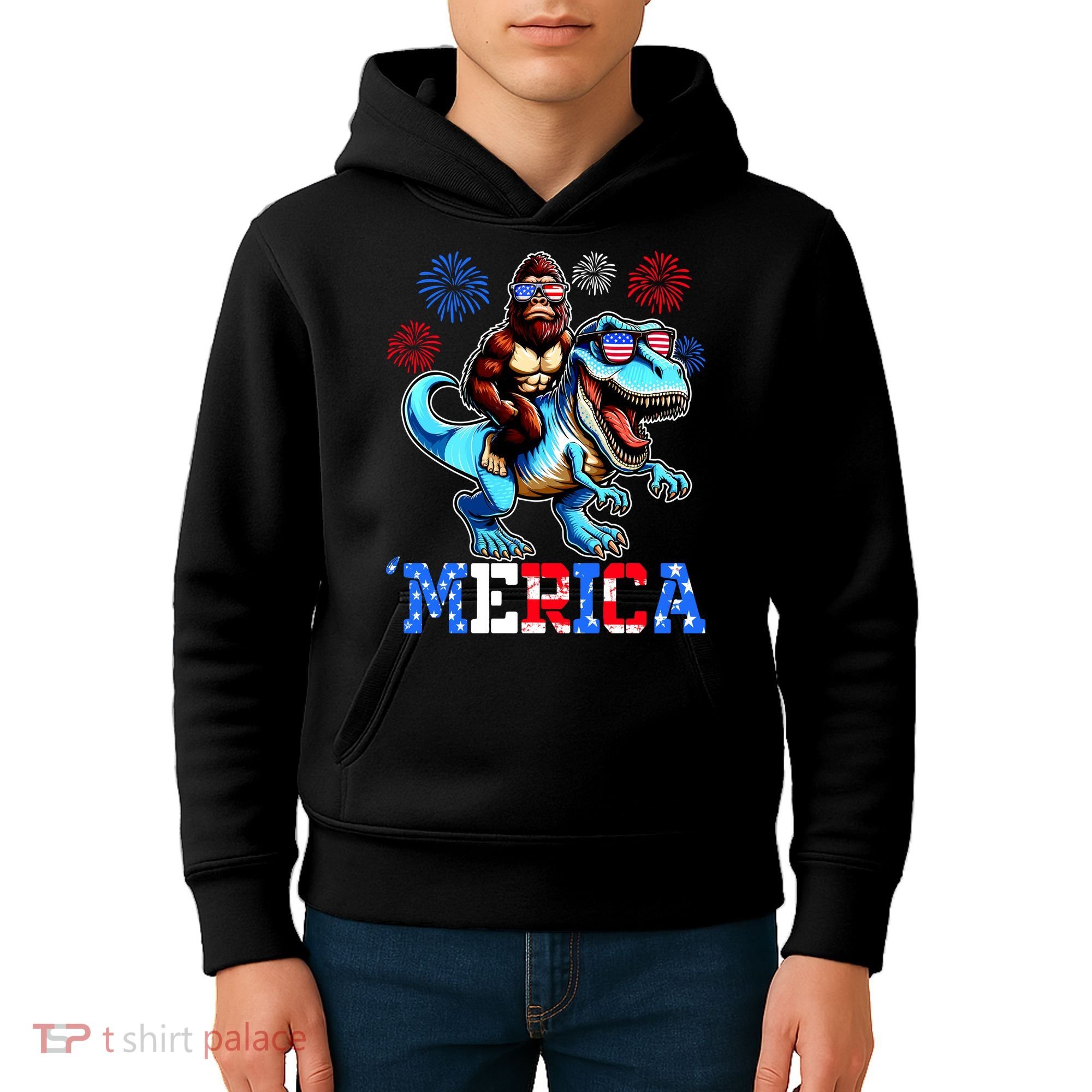 Bigfoot Riding Trex 4th Of July Merica Kids Hoodie