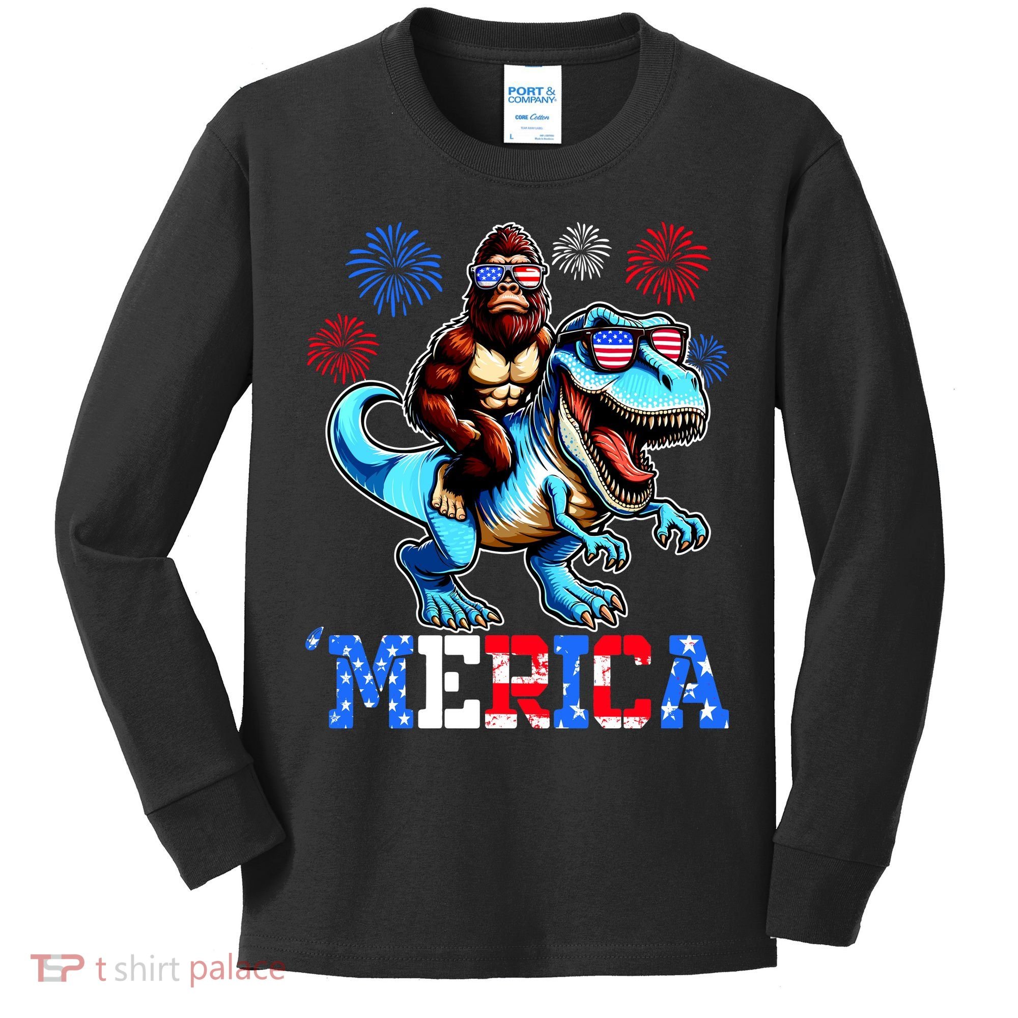 Bigfoot Riding Trex 4th Of July Merica Kids Long Sleeve Shirt