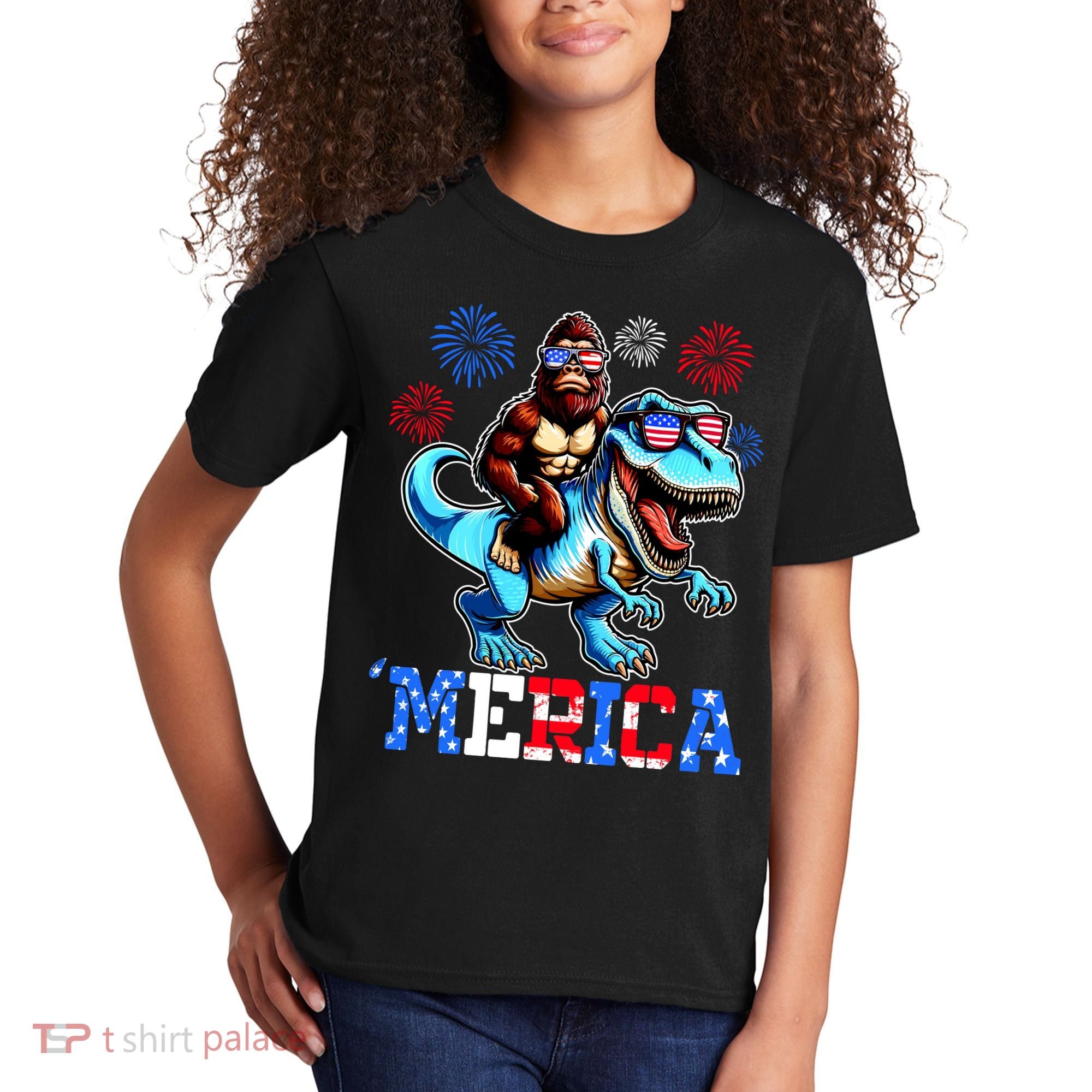 Bigfoot Riding Trex 4th Of July Merica Kids T-Shirt