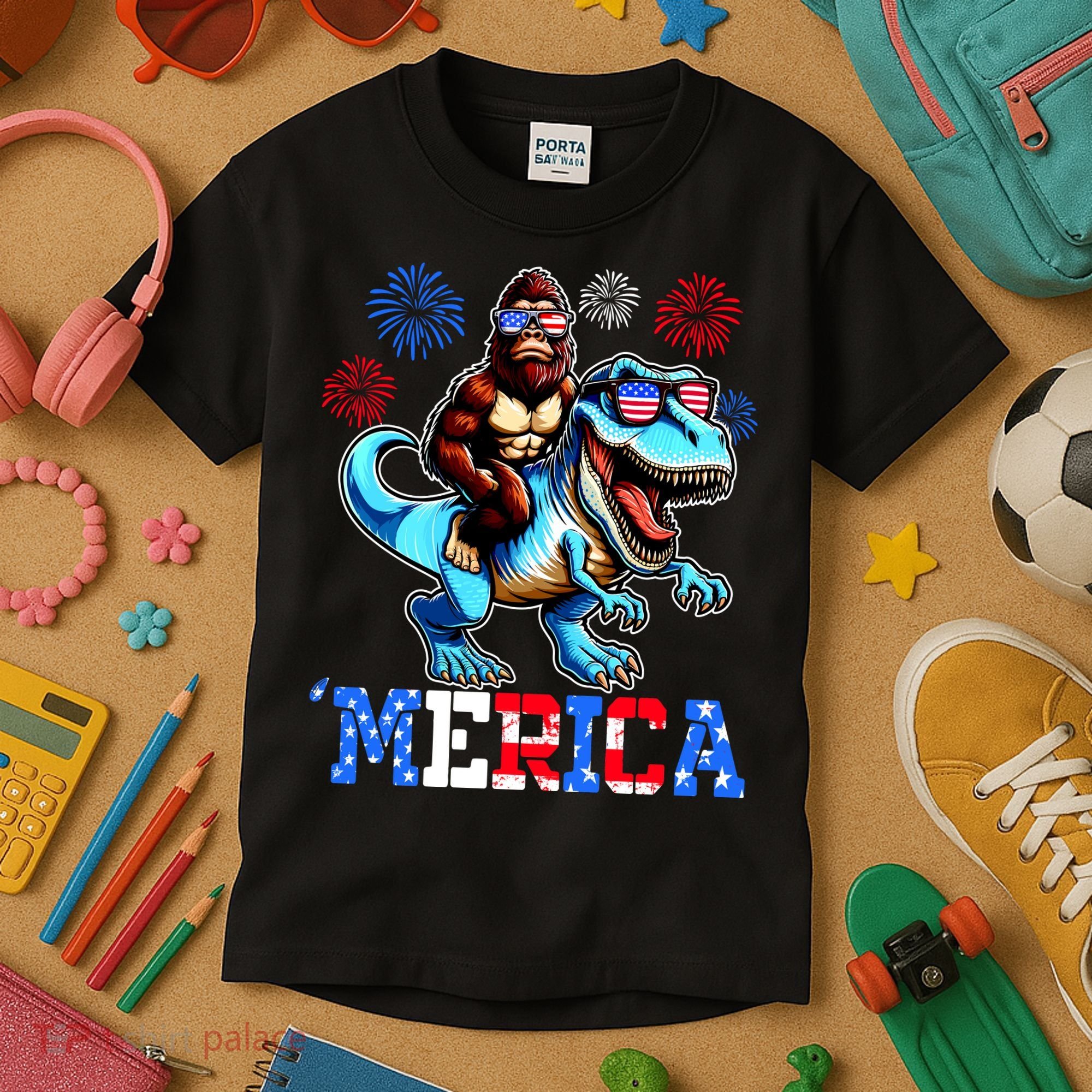 Bigfoot Riding Trex 4th Of July Merica Kids T-Shirt