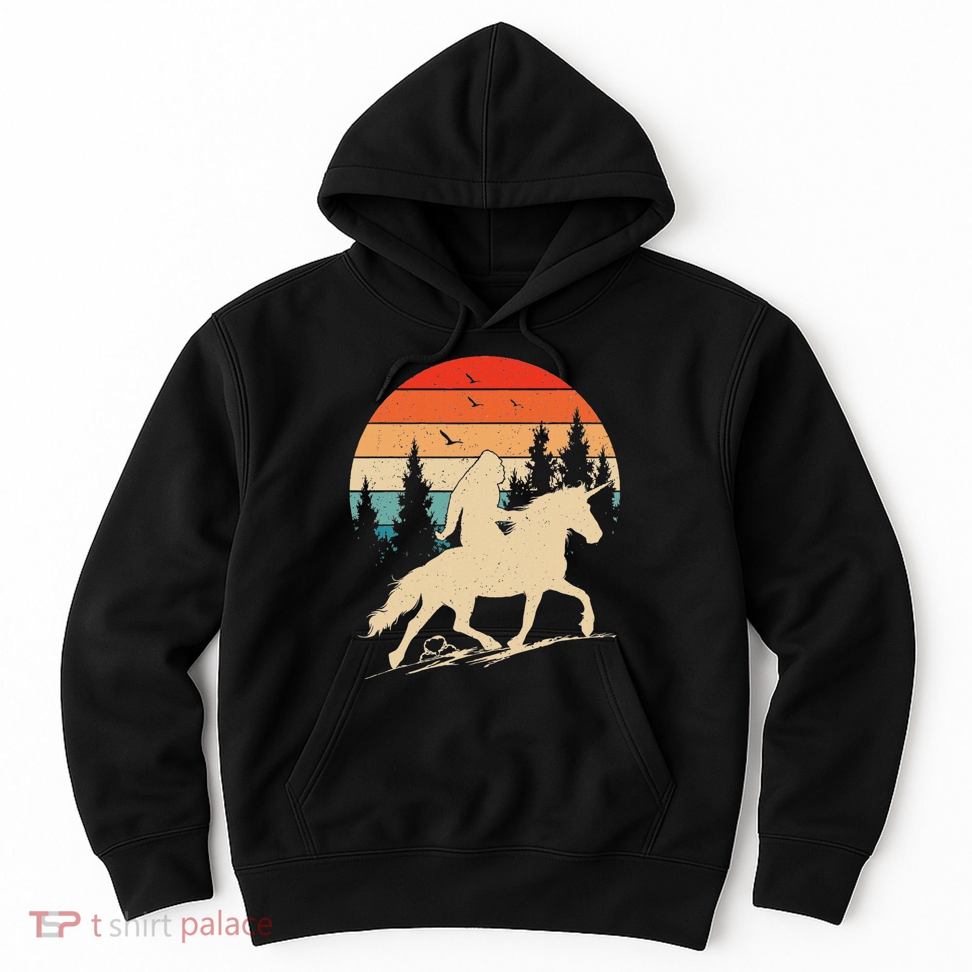 Bigfoot Riding Unicorn! Funny Sasquatch Unicorn Retro Sunset Hoodie