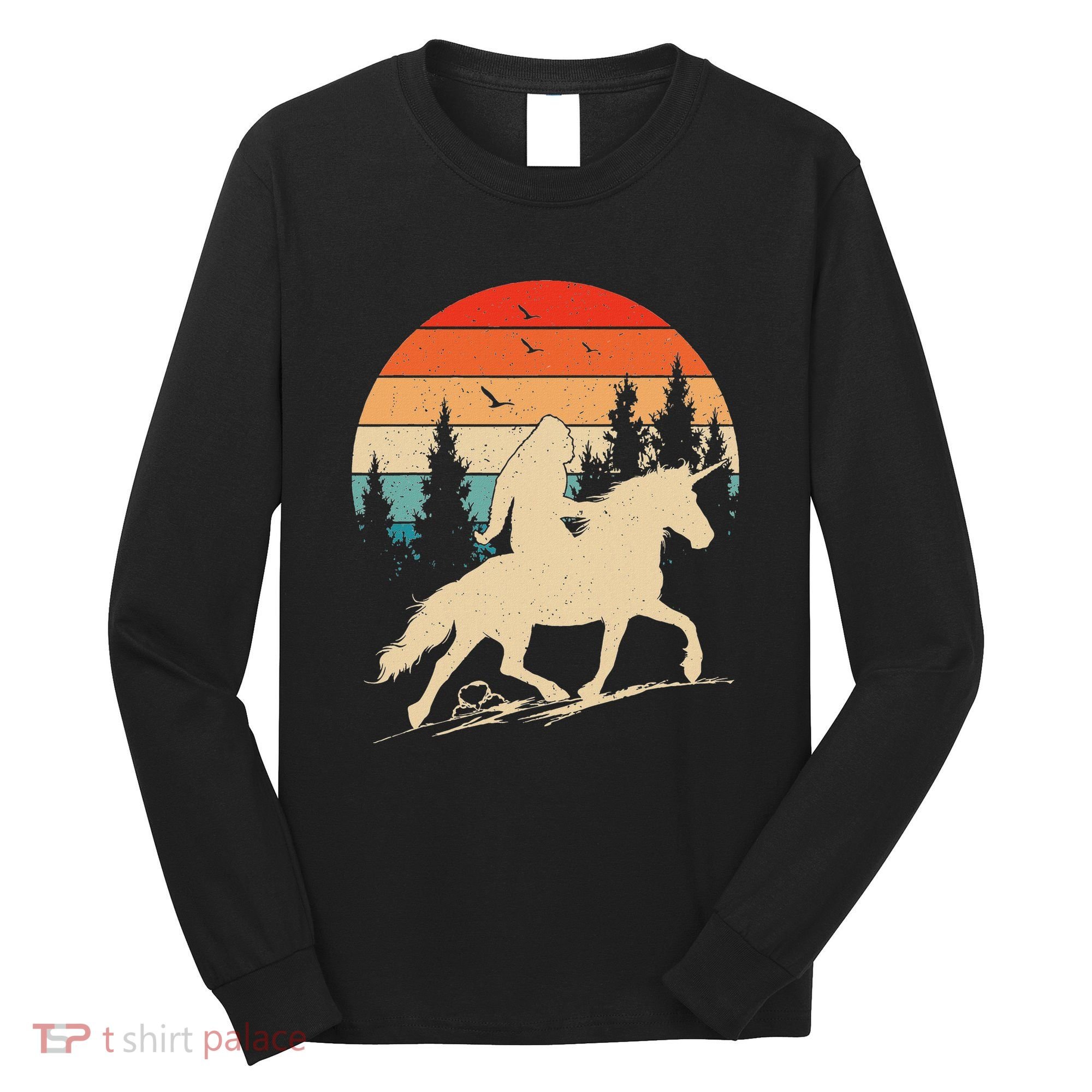 Bigfoot Riding Unicorn! Funny Sasquatch Unicorn Retro Sunset Long Sleeve Shirt