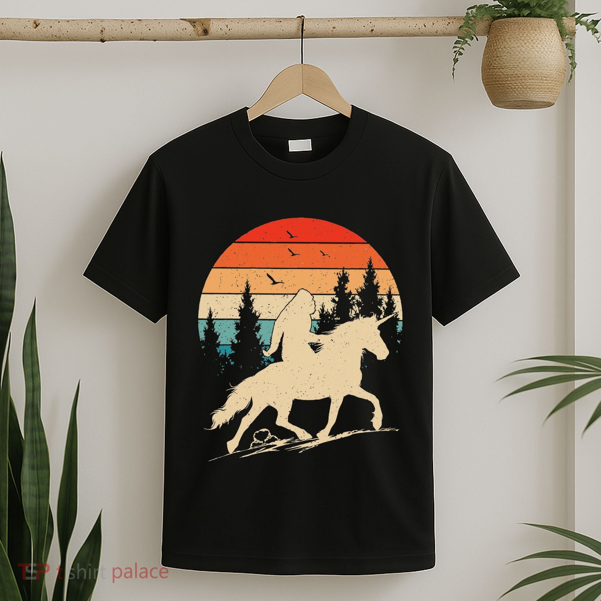 Bigfoot Riding Unicorn! Funny Sasquatch Unicorn Retro Sunset T-Shirt