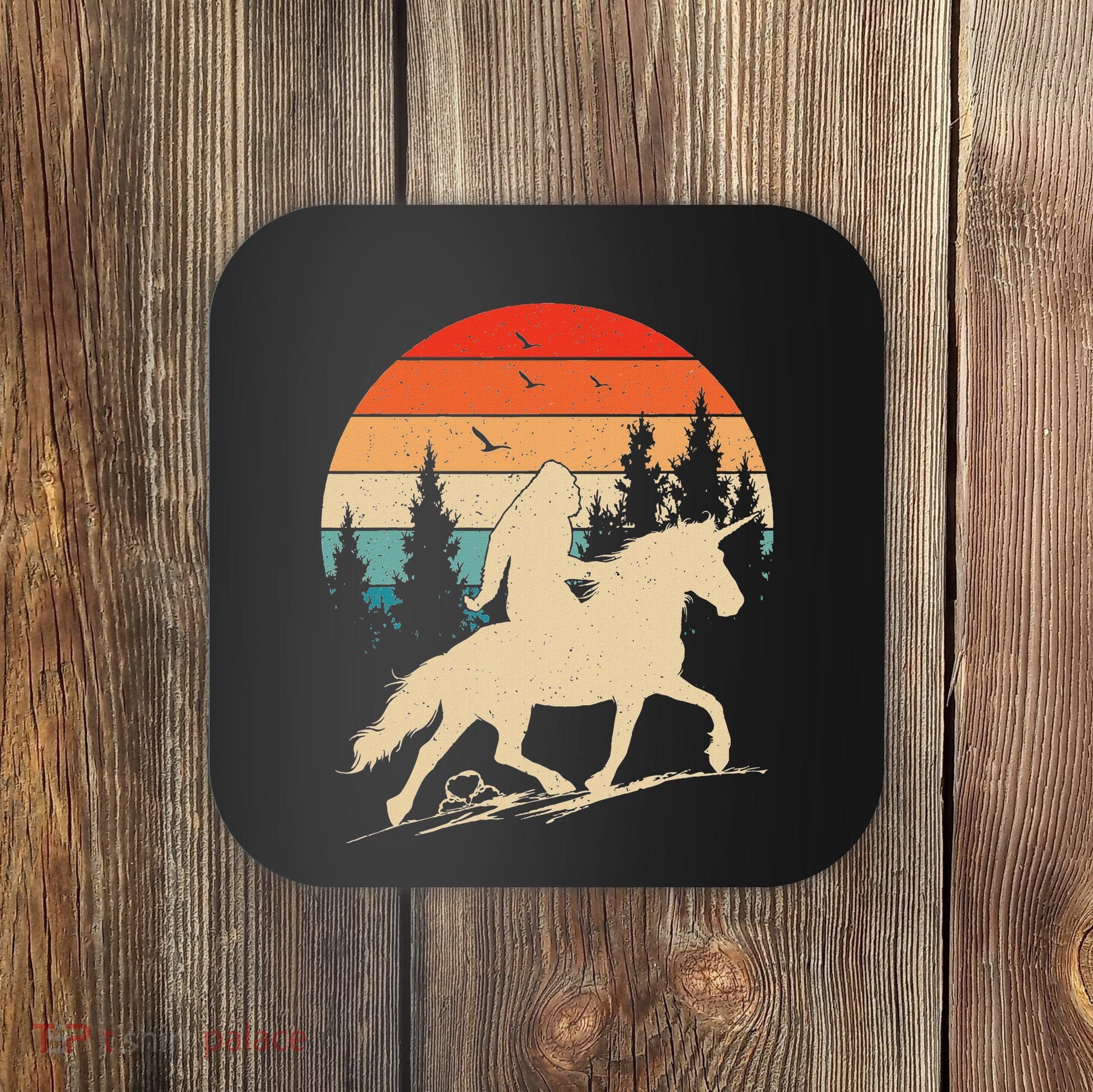 Bigfoot Riding Unicorn! Funny Sasquatch Unicorn Retro Sunset Coaster