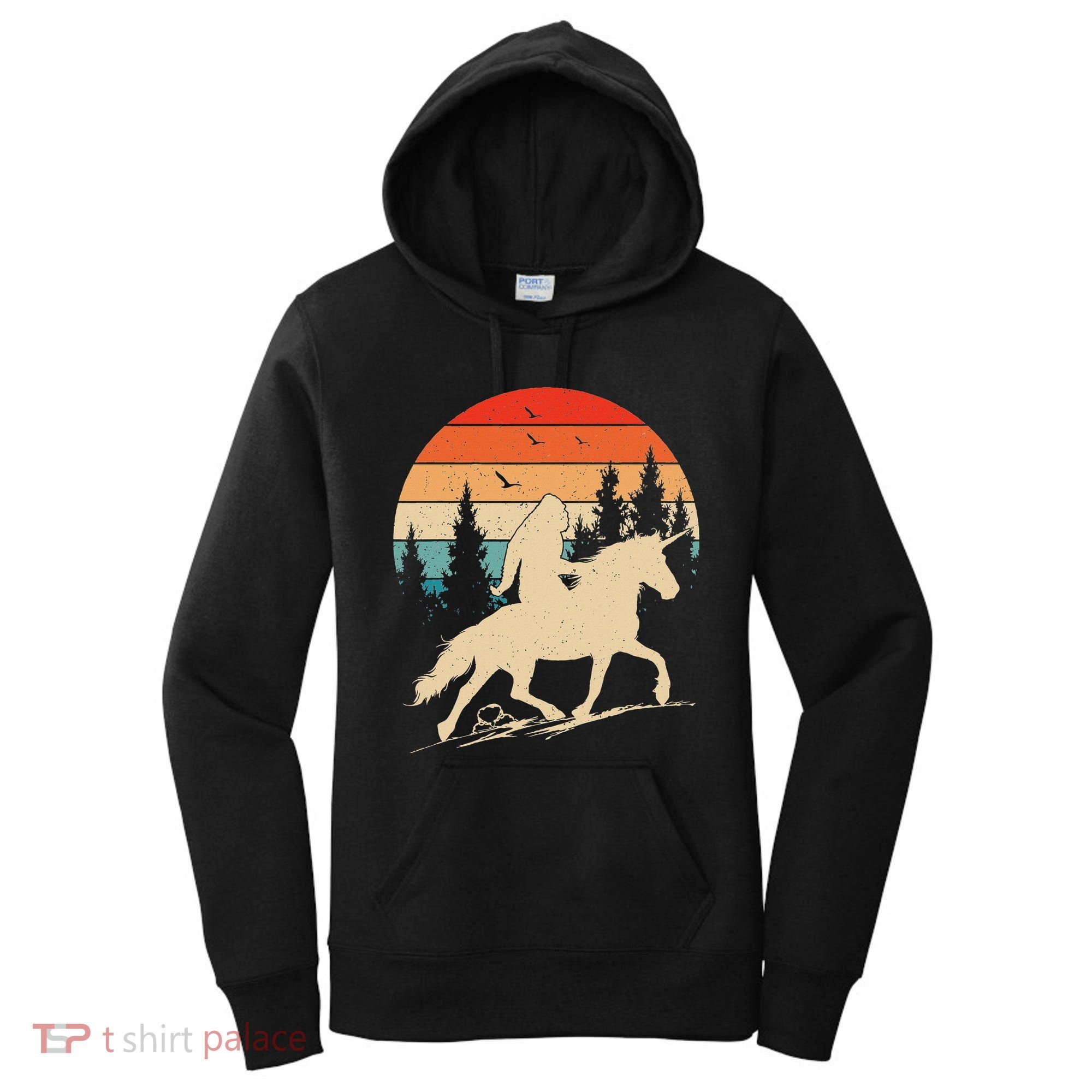 Bigfoot Riding Unicorn! Funny Sasquatch Unicorn Retro Sunset Women's Hoodie