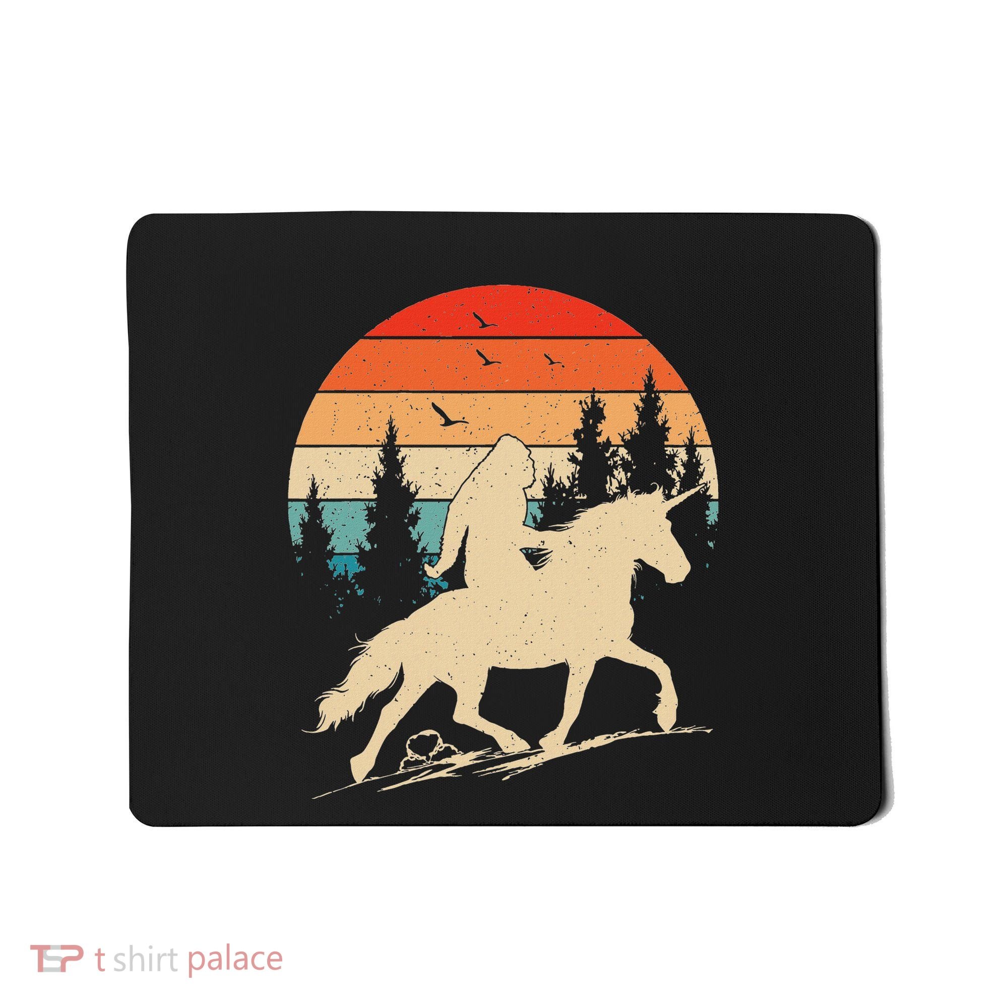 Bigfoot Riding Unicorn! Funny Sasquatch Unicorn Retro Sunset Mousepad