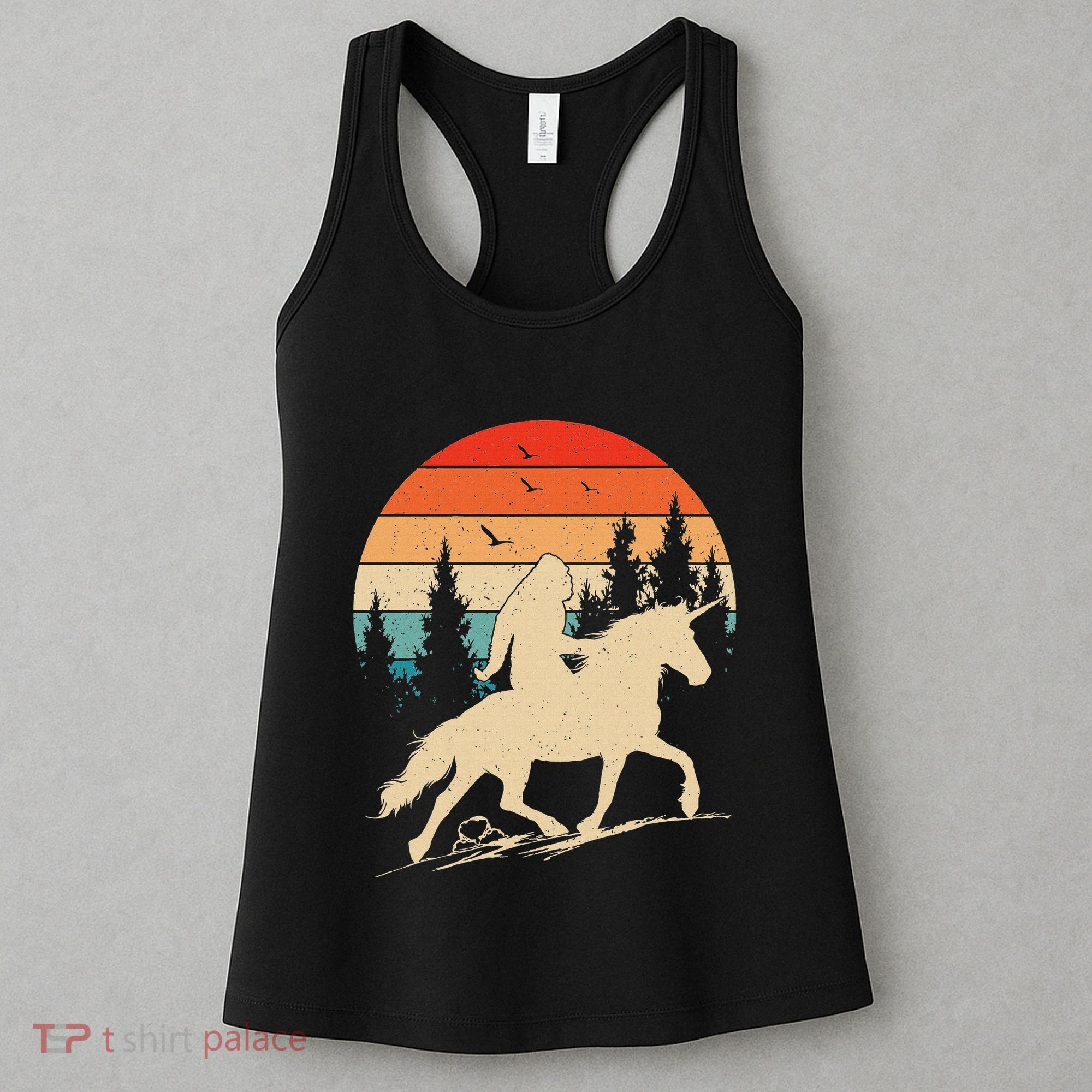 Bigfoot Riding Unicorn! Funny Sasquatch Unicorn Retro Sunset Women's Tank Top