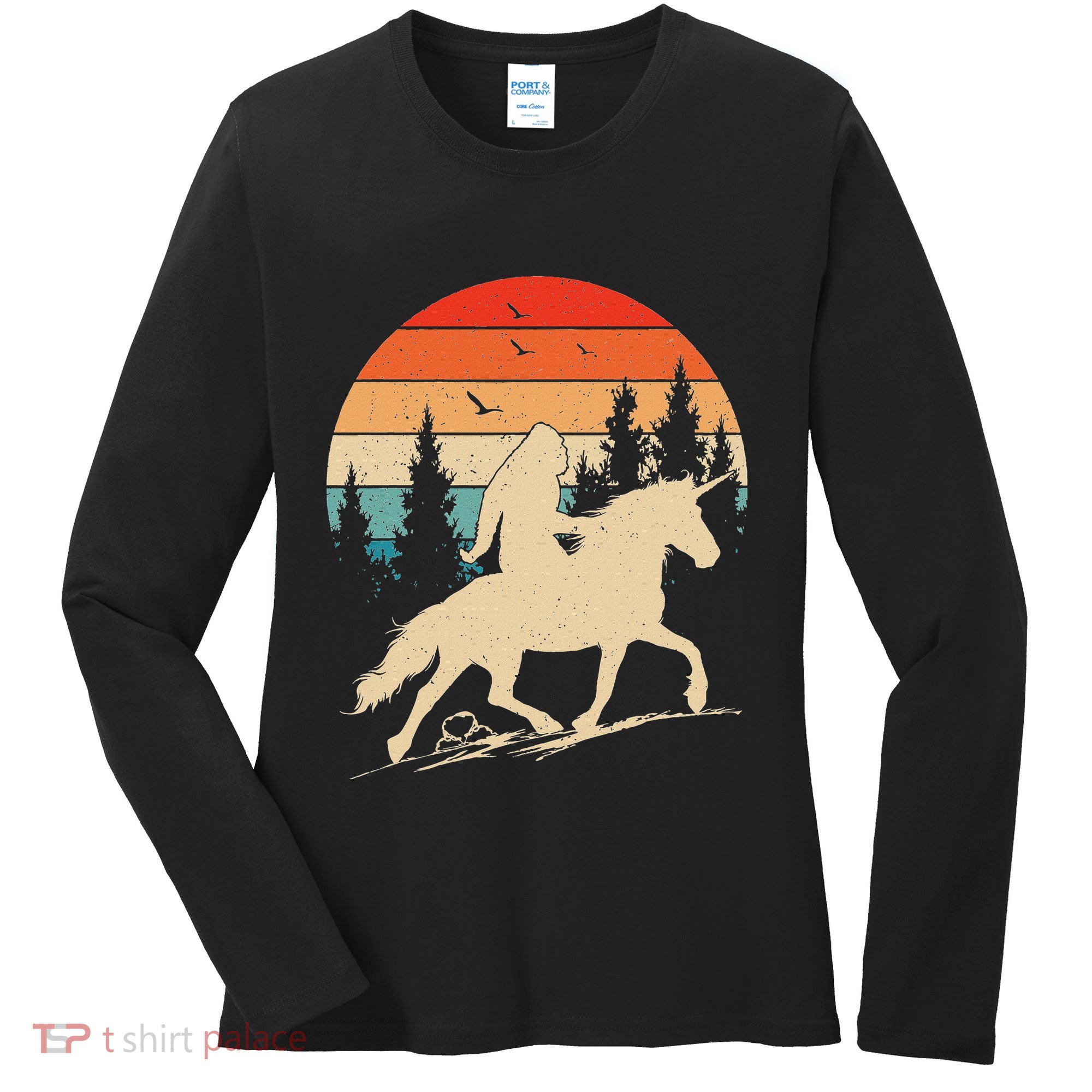 Bigfoot Riding Unicorn! Funny Sasquatch Unicorn Retro Sunset Women's Long Sleeve Shirt
