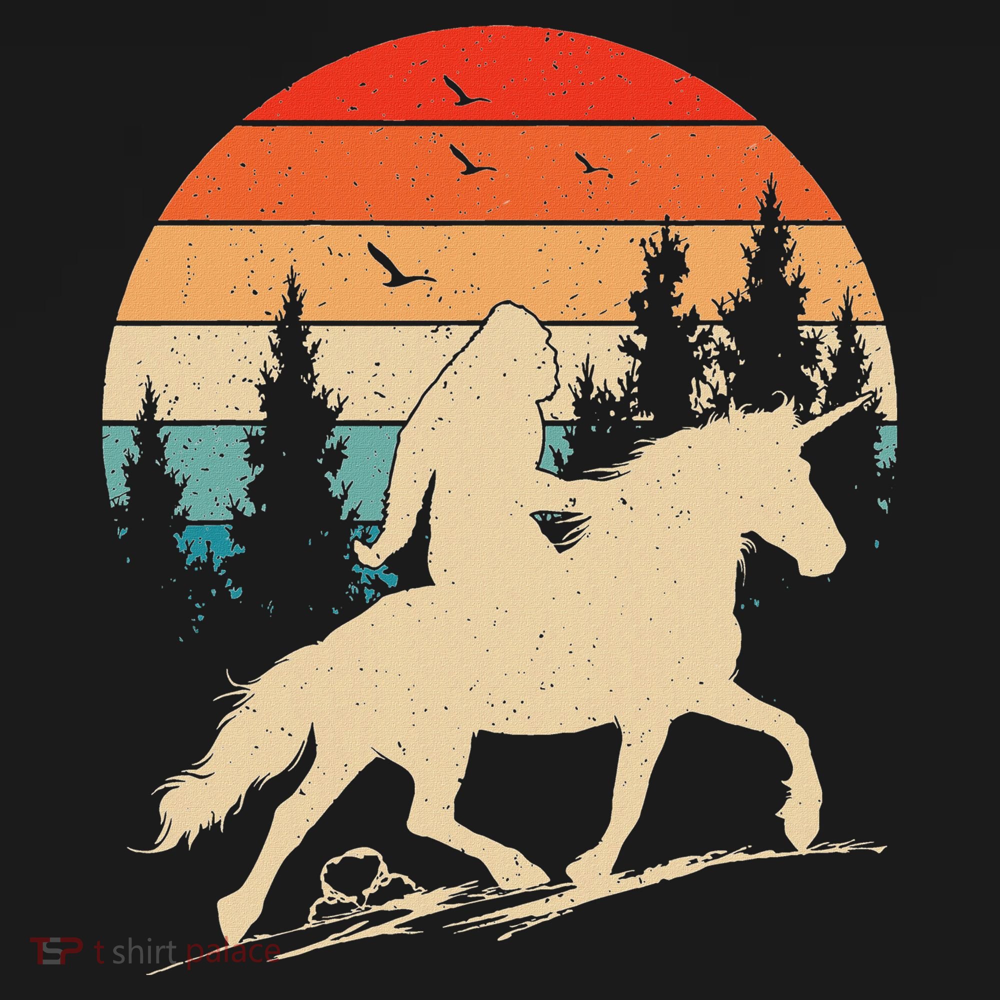 Bigfoot Riding Unicorn! Funny Sasquatch Unicorn Retro Sunset Kids Long Sleeve Shirt