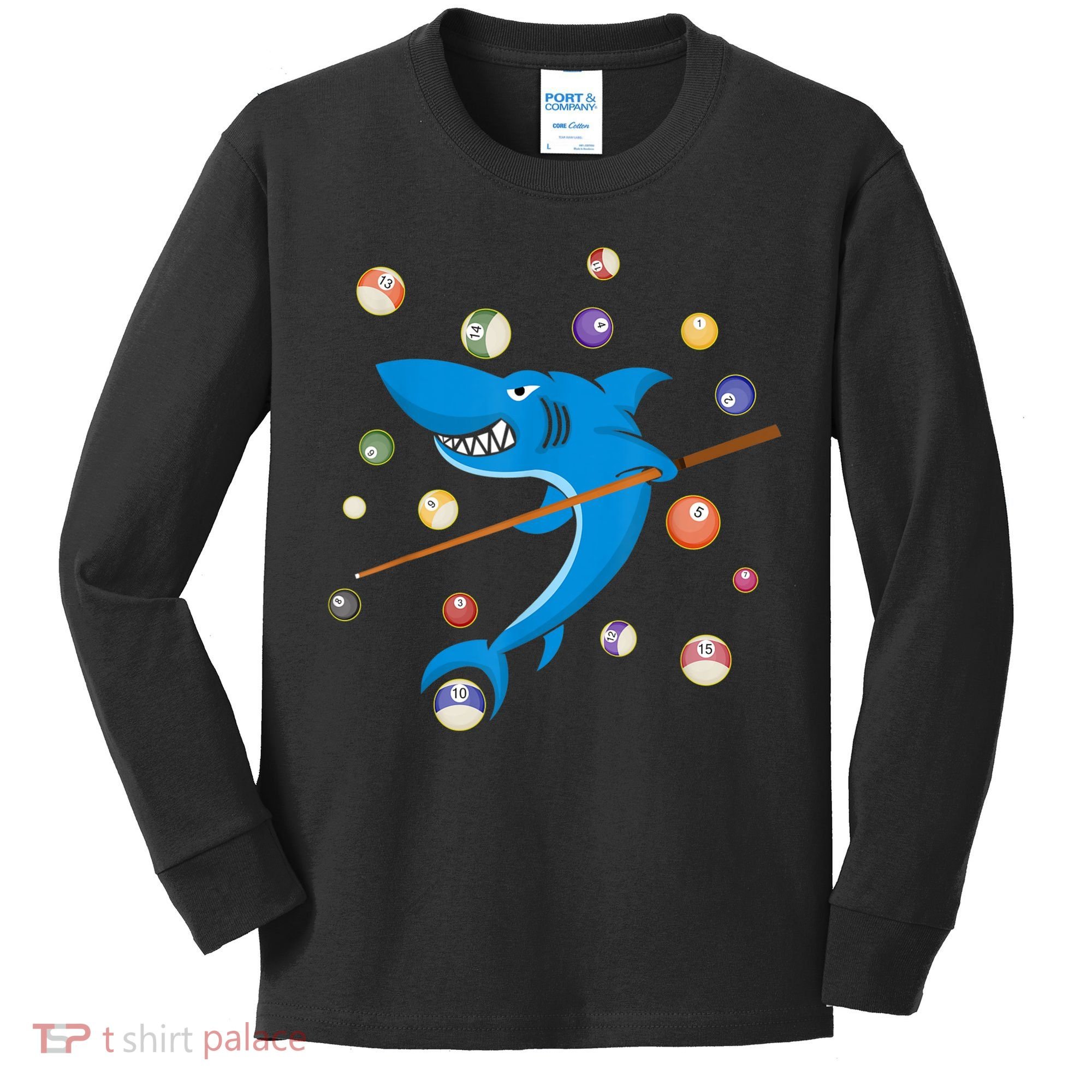 Billiard Shark 8 Ball Player Pool Table Cue Stick Snooker Kids Long Sleeve Shirt
