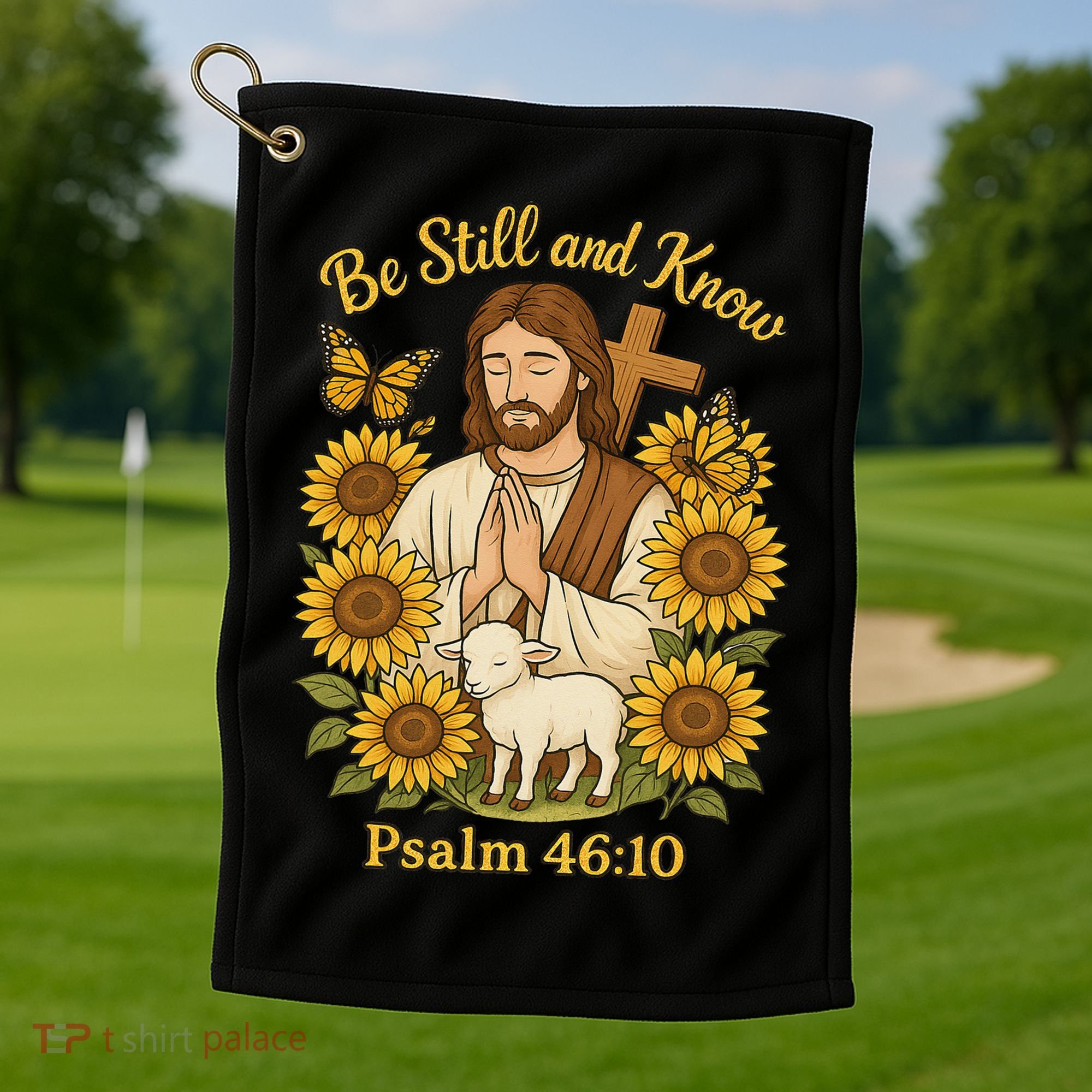 Be Still And Know Bible Verse Jesus With Lamb And Cross Golf Towel