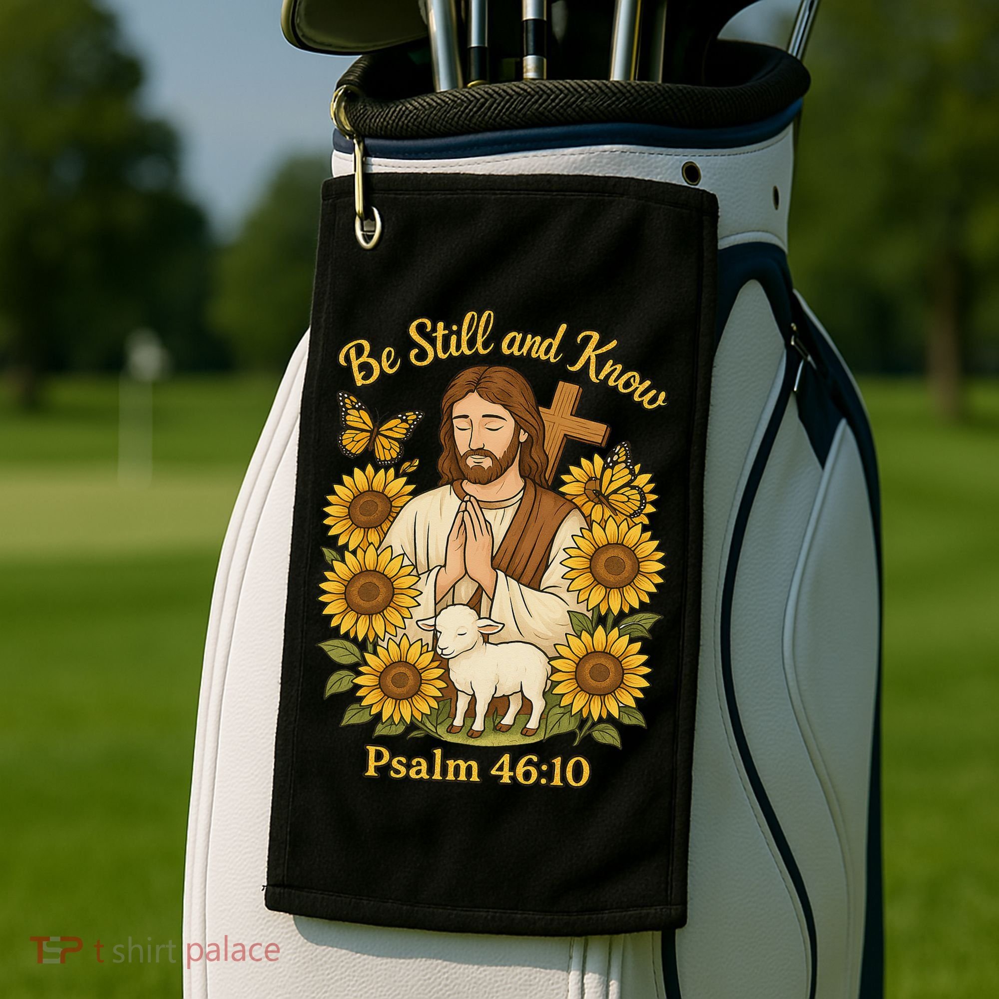Be Still And Know Bible Verse Jesus With Lamb And Cross Golf Towel