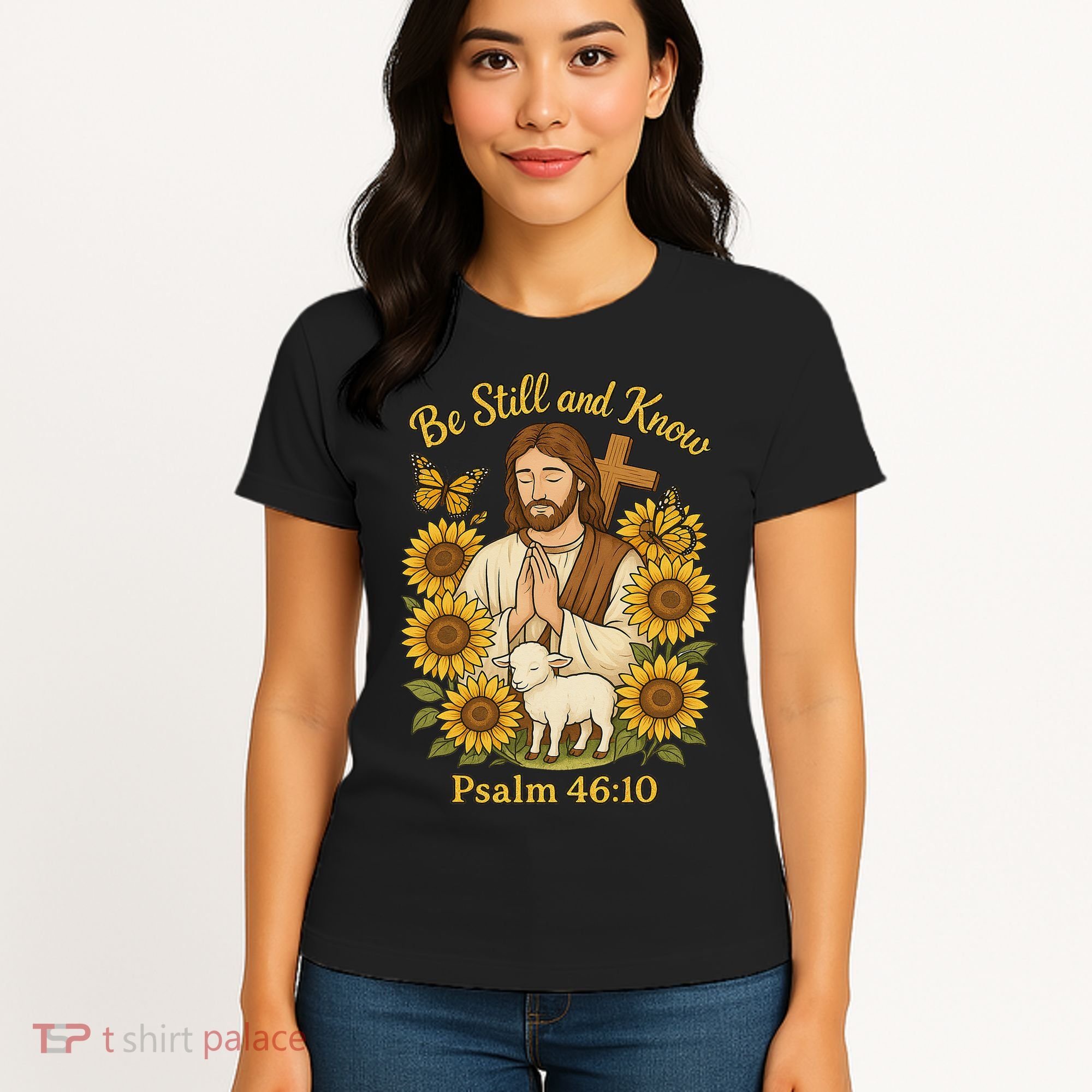 Be Still And Know Bible Verse Jesus With Lamb And Cross Women's T-Shirt