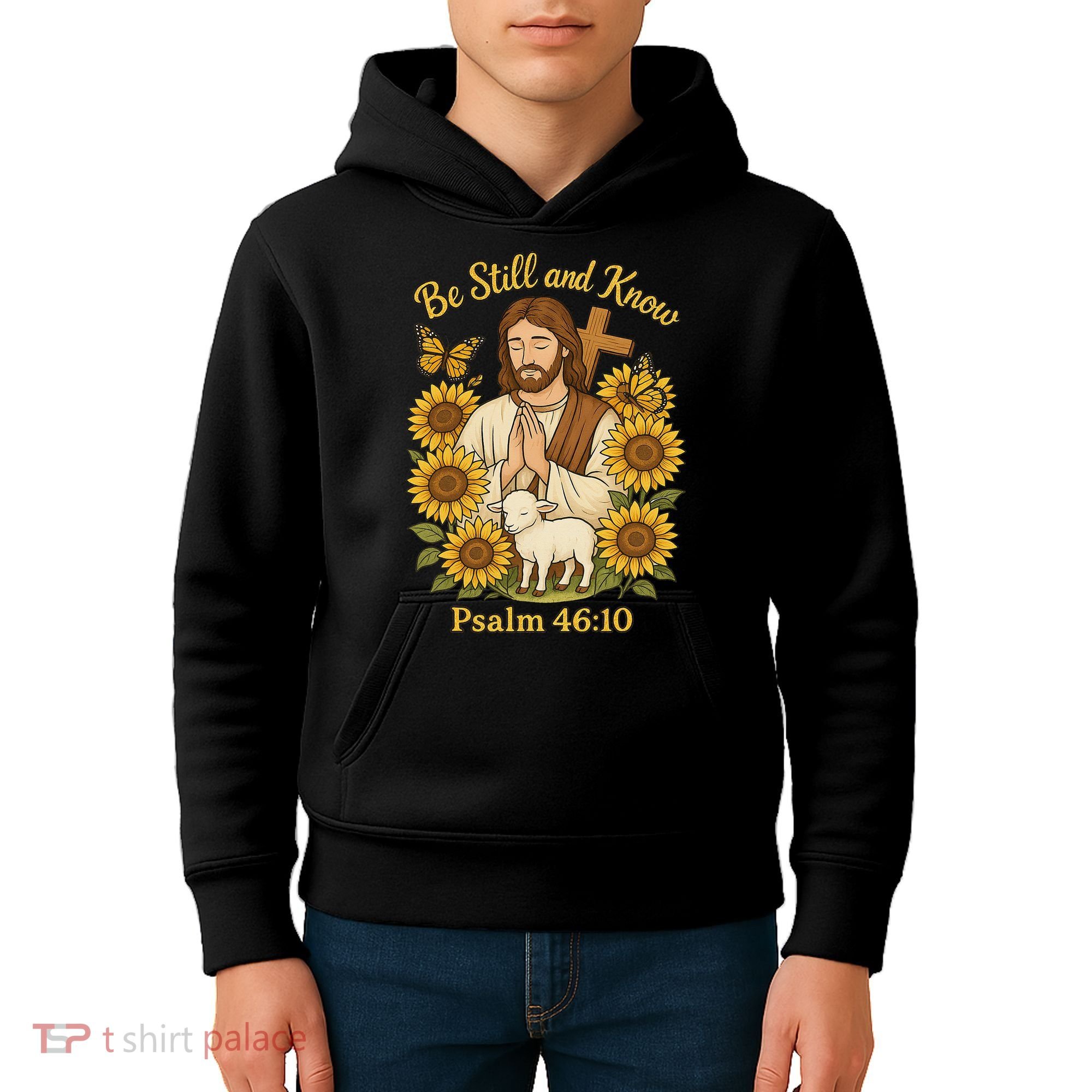 Be Still And Know Bible Verse Jesus With Lamb And Cross Kids Hoodie