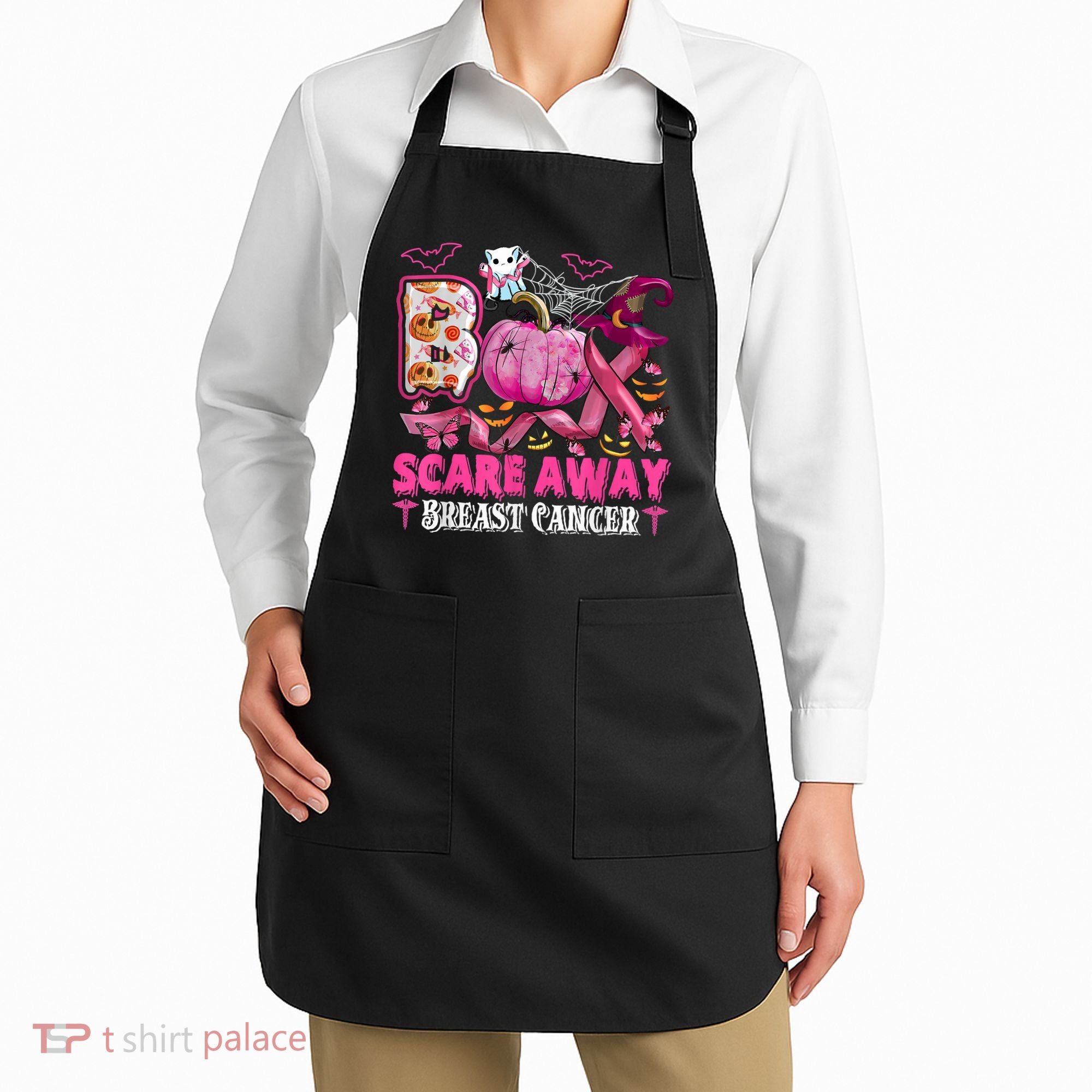 Boo Scare Away Breast Cancer Pink Ribbon Spider Halloween Apron
