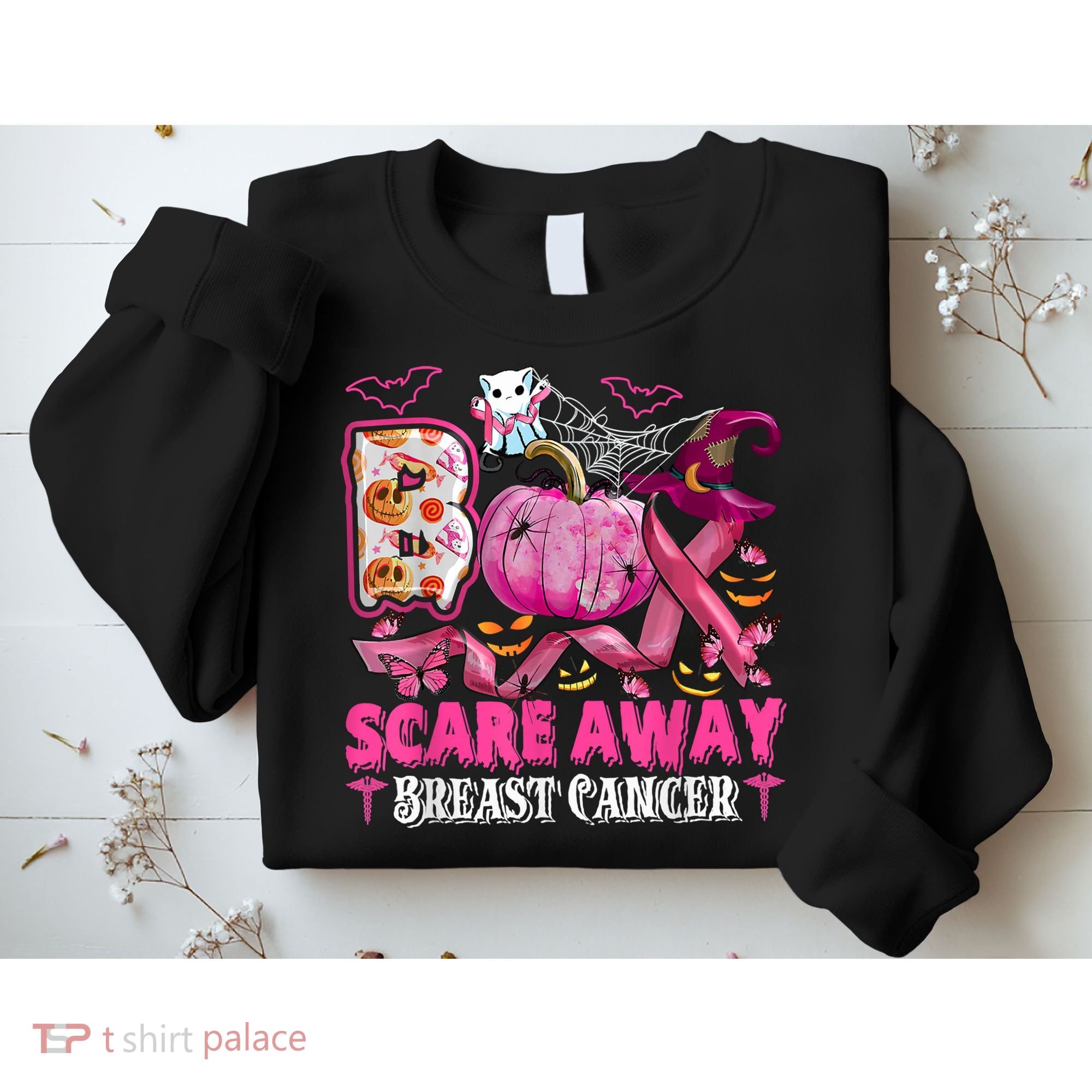 Boo Scare Away Breast Cancer Pink Ribbon Spider Halloween Sweatshirt