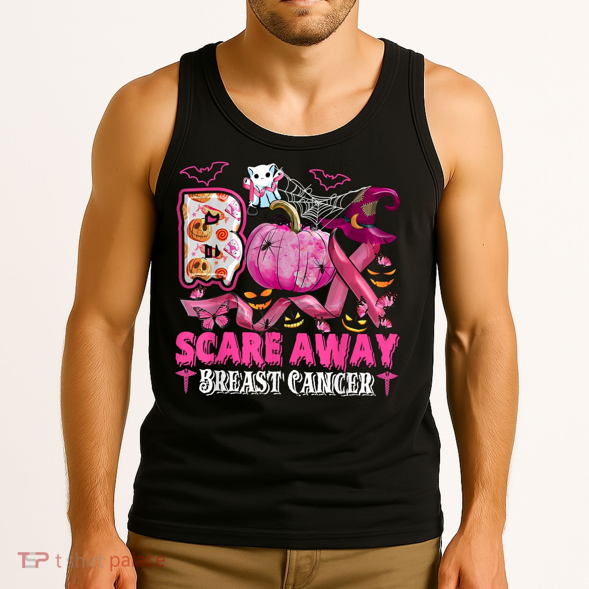 Boo Scare Away Breast Cancer Pink Ribbon Spider Halloween Tank Top