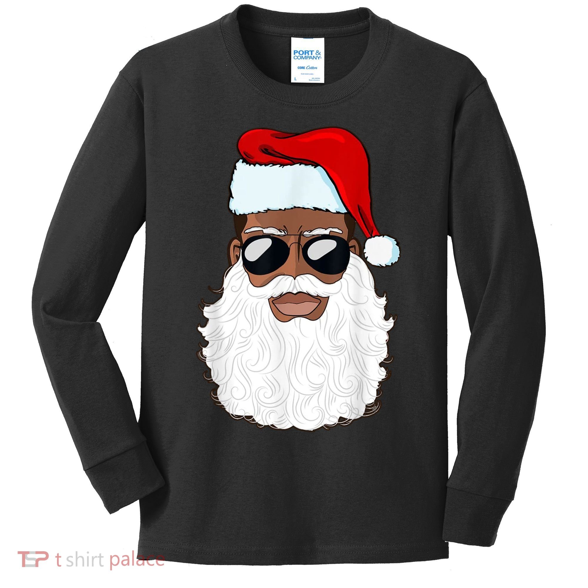 Black Santa African American Kids Long Sleeve Shirt