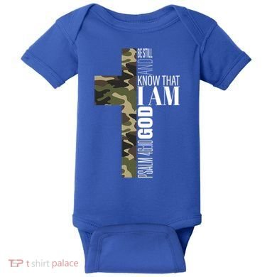 Be Still And Know God Christian Bible Verse Green Camo Cross  Baby Bodysuit