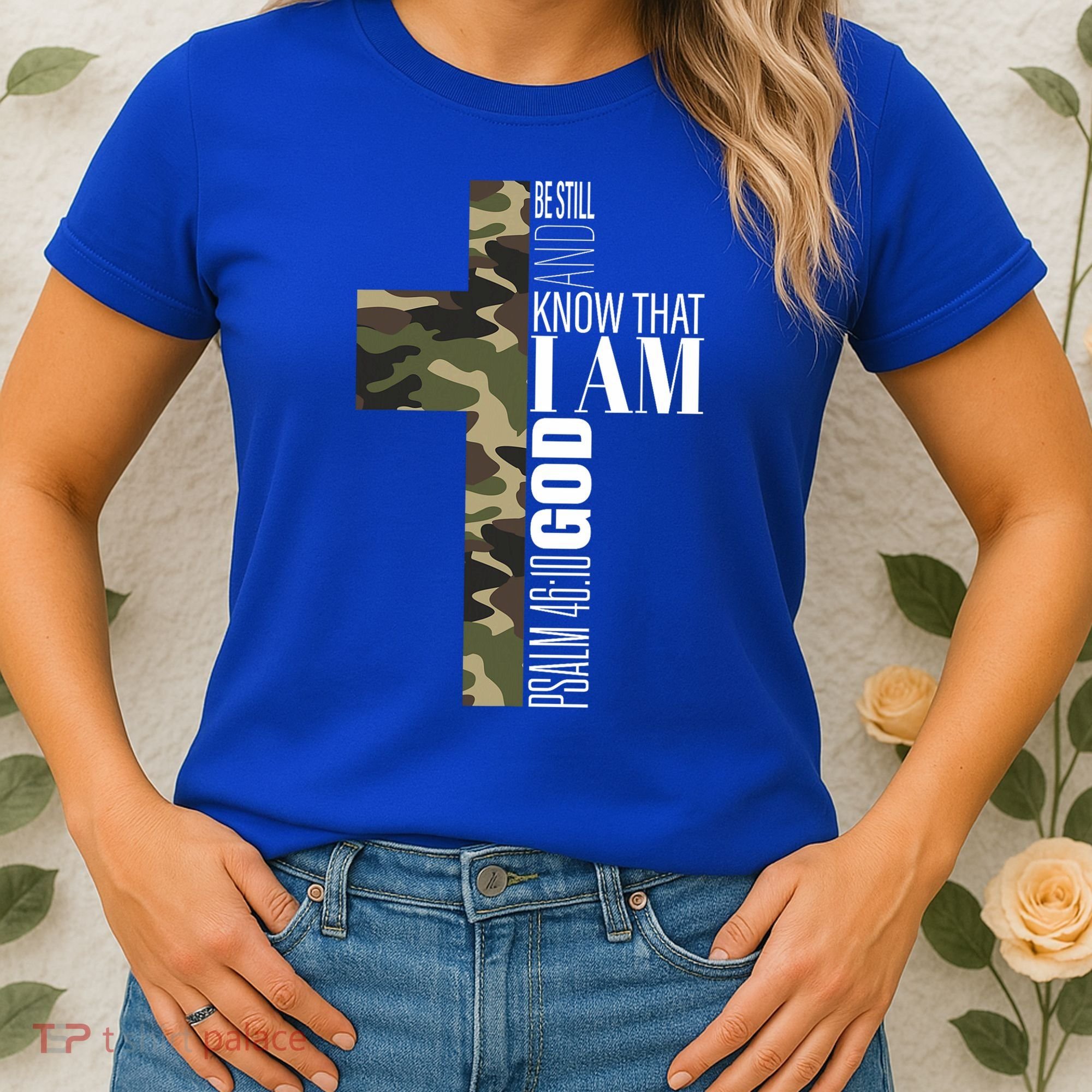 Be Still And Know God Christian Bible Verse Green Camo Cross  Women's T-Shirt