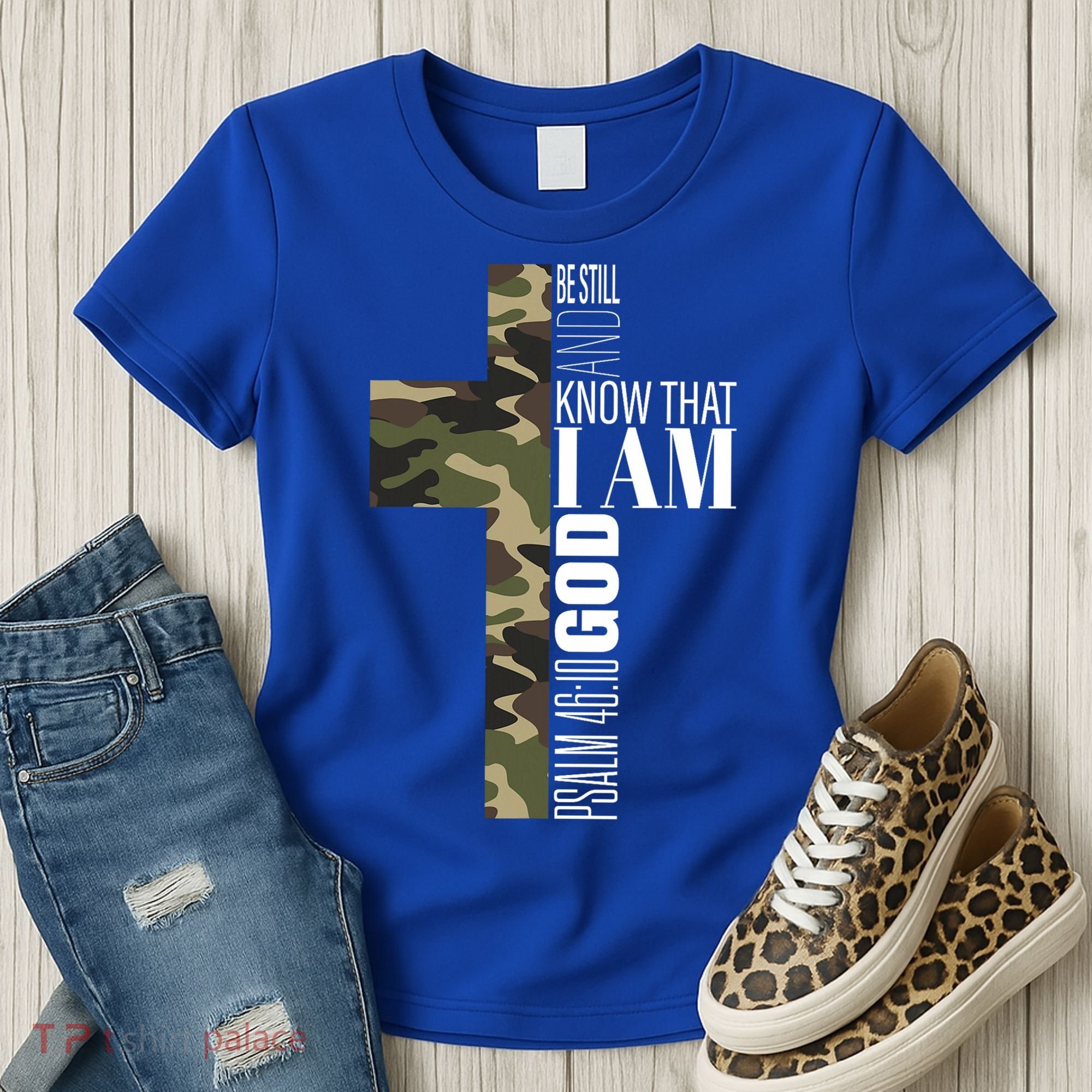 Be Still And Know God Christian Bible Verse Green Camo Cross  Women's T-Shirt