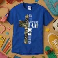 Be Still And Know God Christian Bible Verse Green Camo Cross  Kids T-Shirt thumb 3