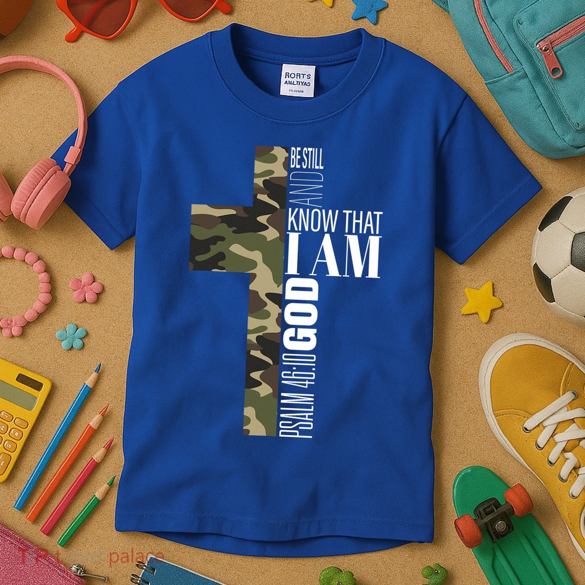 Be Still And Know God Christian Bible Verse Green Camo Cross  Kids T-Shirt