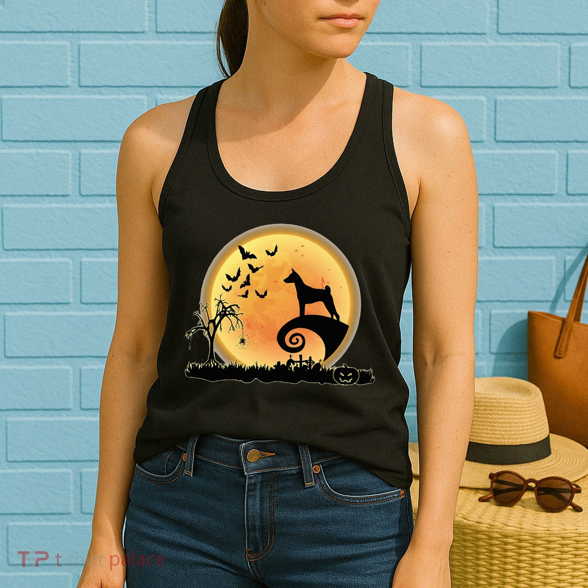 Basenji Scary And Moon Funny Dog Halloween Costume Women's Tank Top