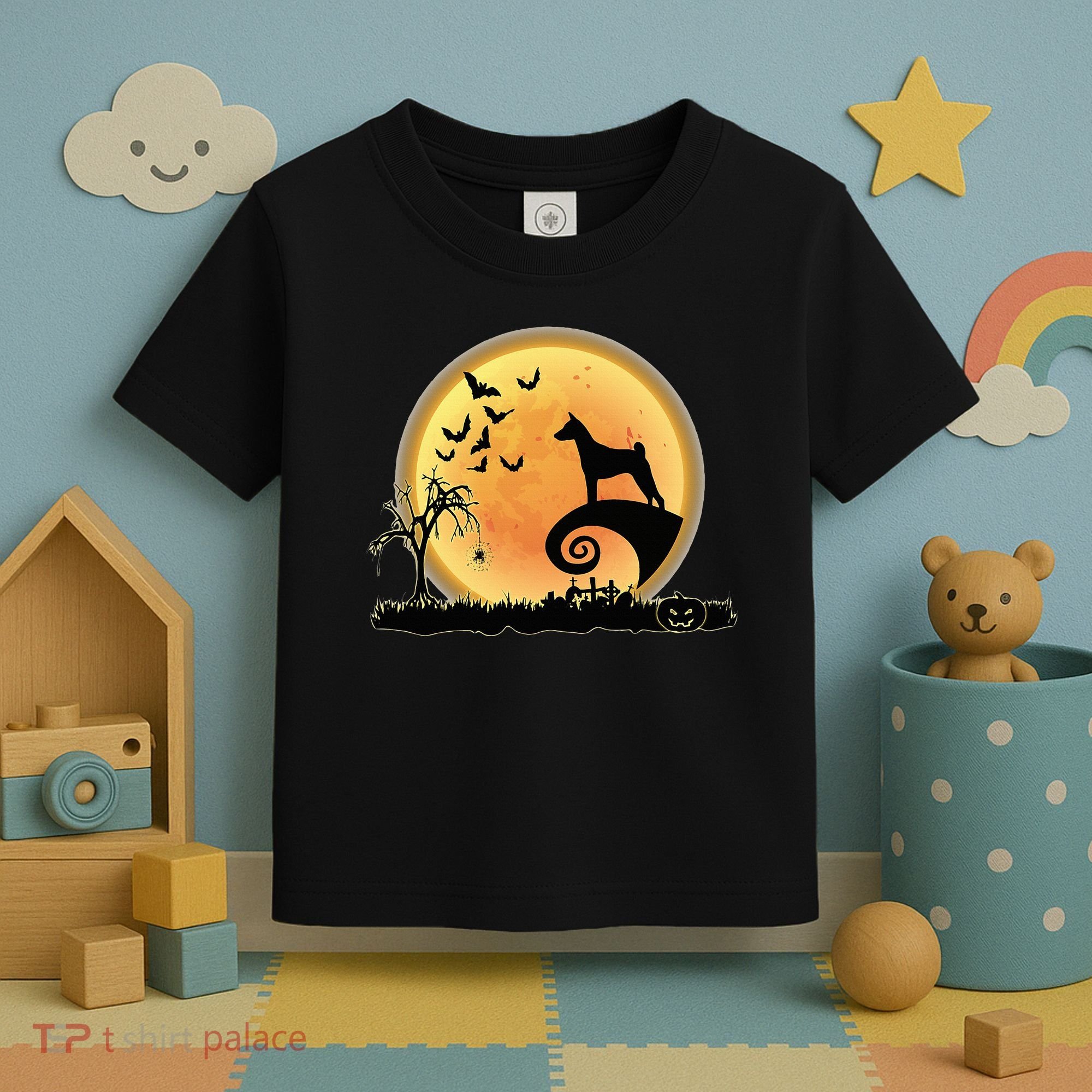 Basenji Scary And Moon Funny Dog Halloween Costume Toddler T-Shirt