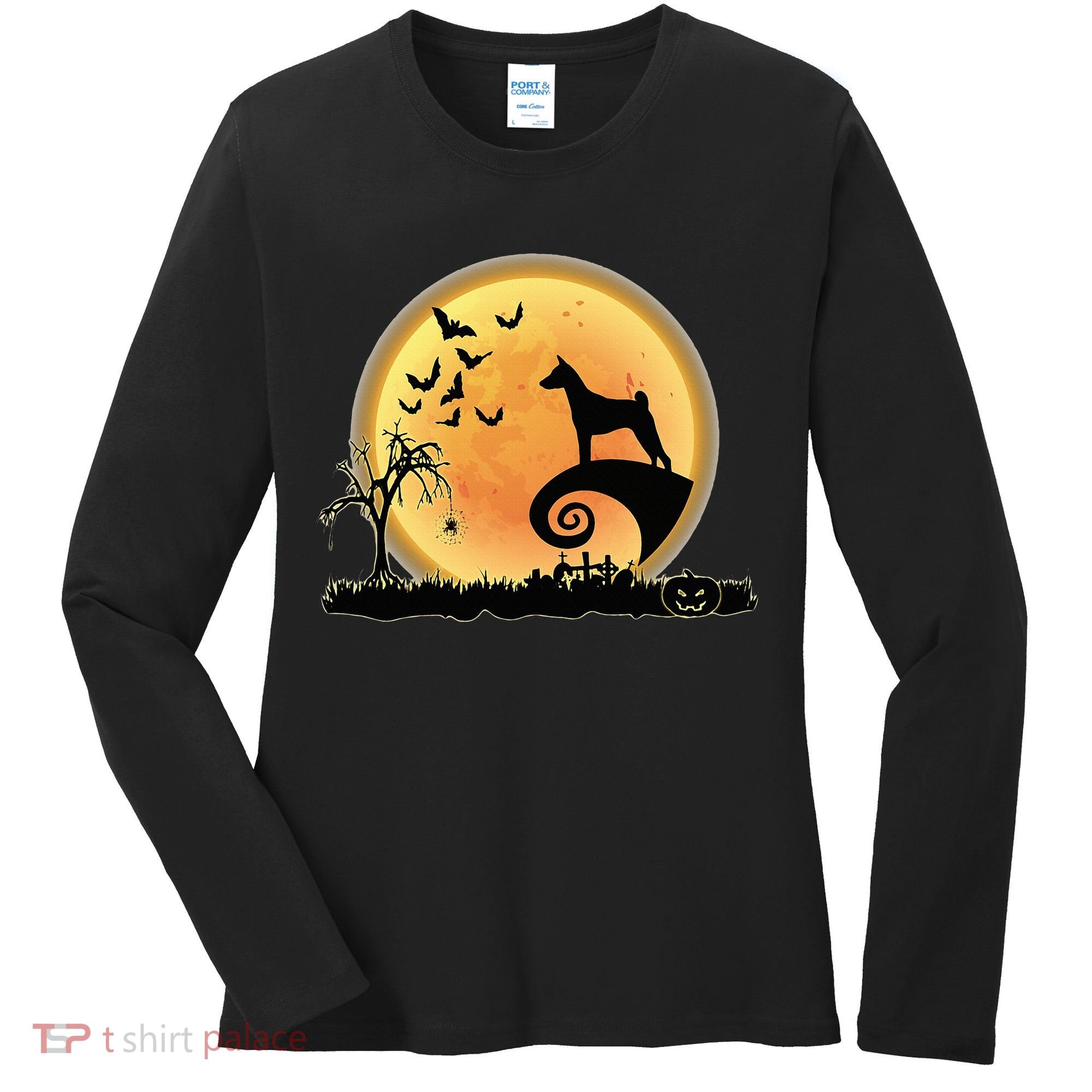 Basenji Scary And Moon Funny Dog Halloween Costume Women's Long Sleeve Shirt