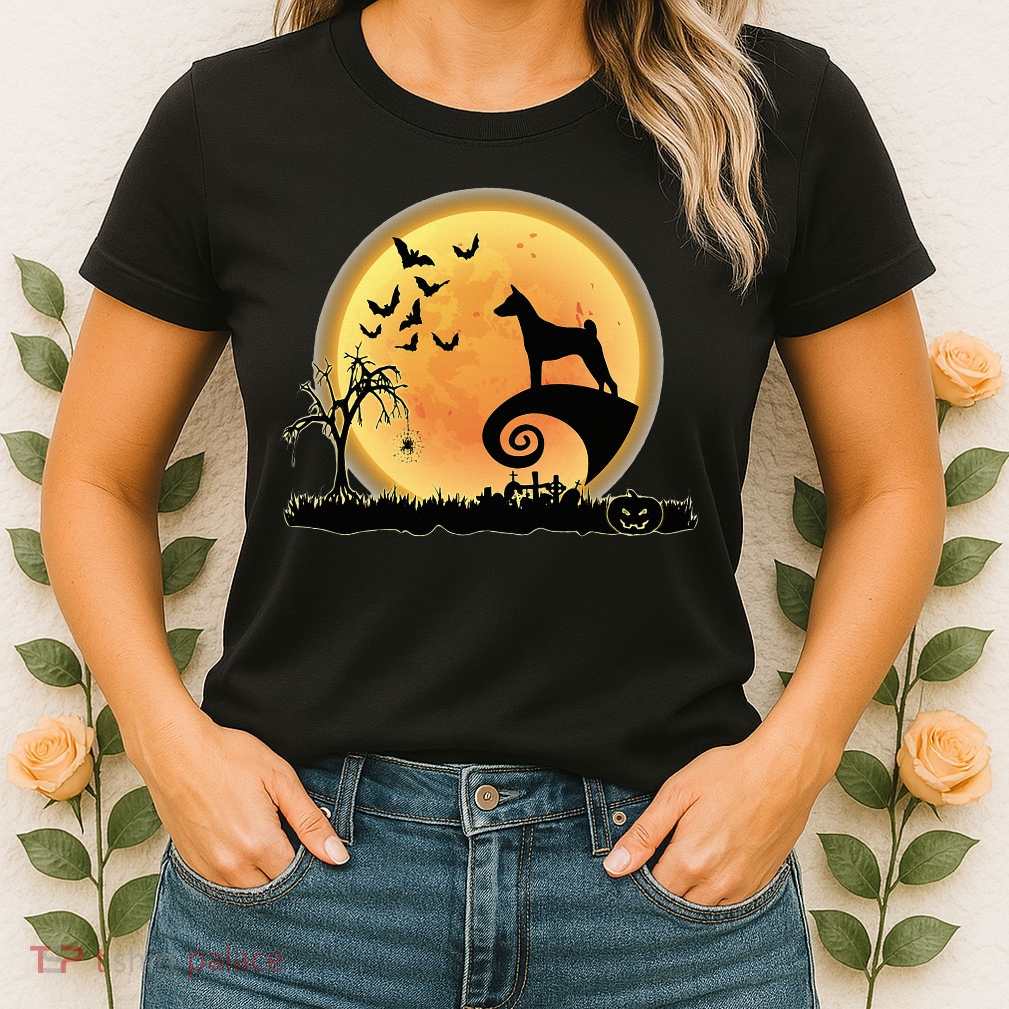Basenji Scary And Moon Funny Dog Halloween Costume Women's T-Shirt