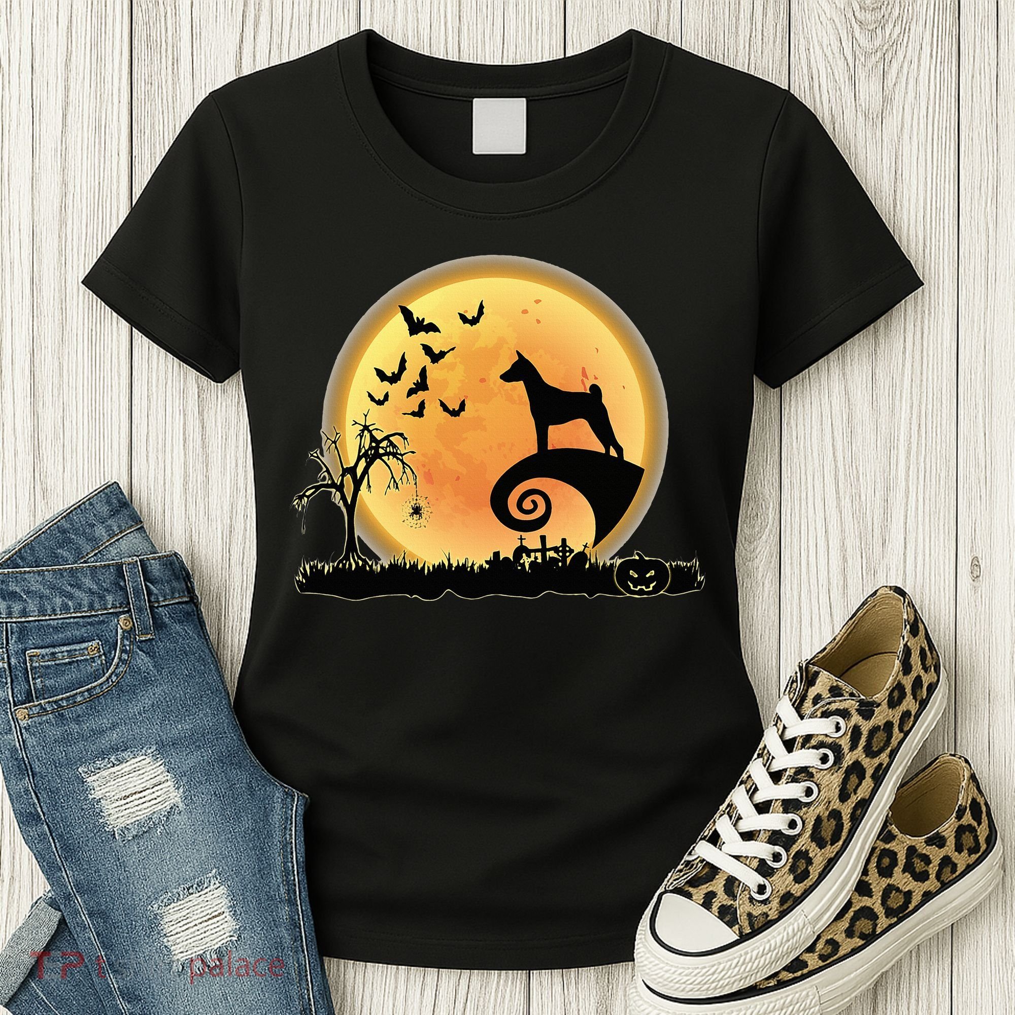 Basenji Scary And Moon Funny Dog Halloween Costume Women's T-Shirt