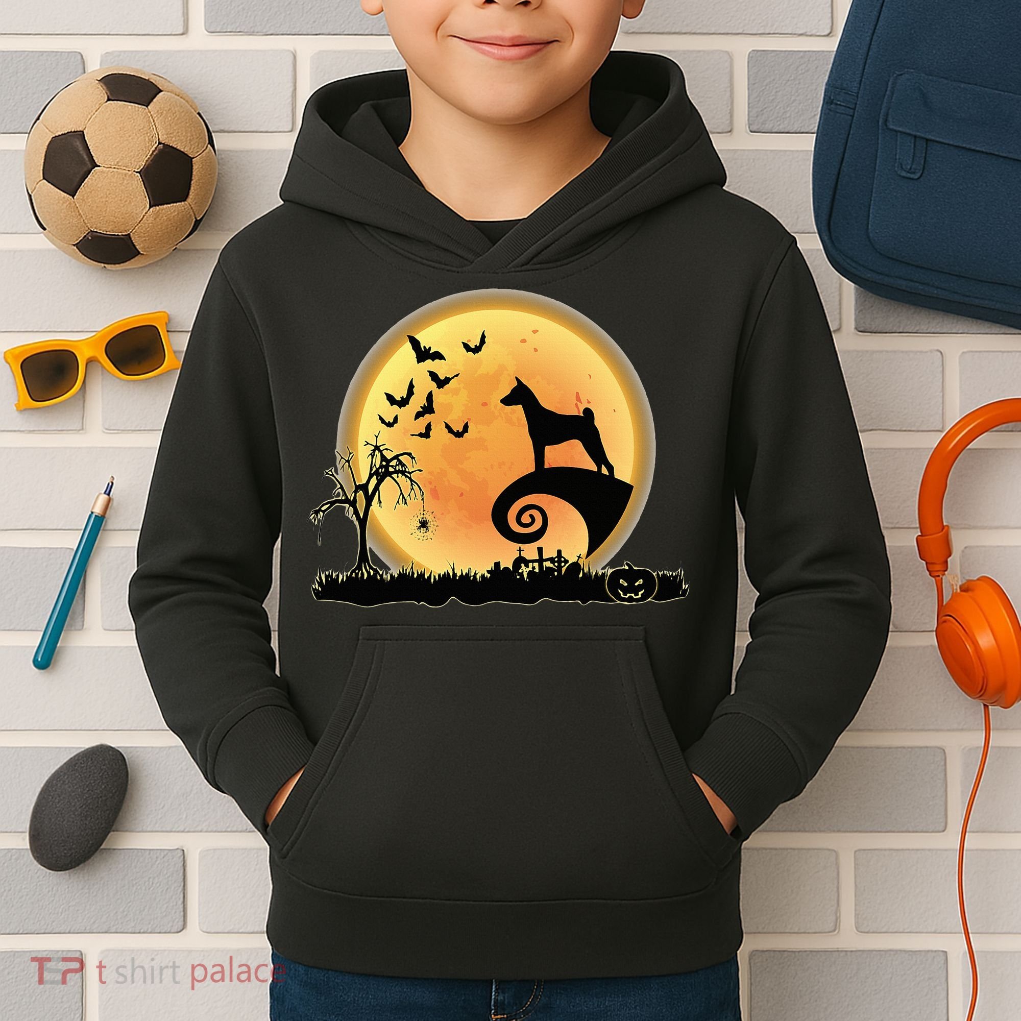Basenji Scary And Moon Funny Dog Halloween Costume Kids Hoodie