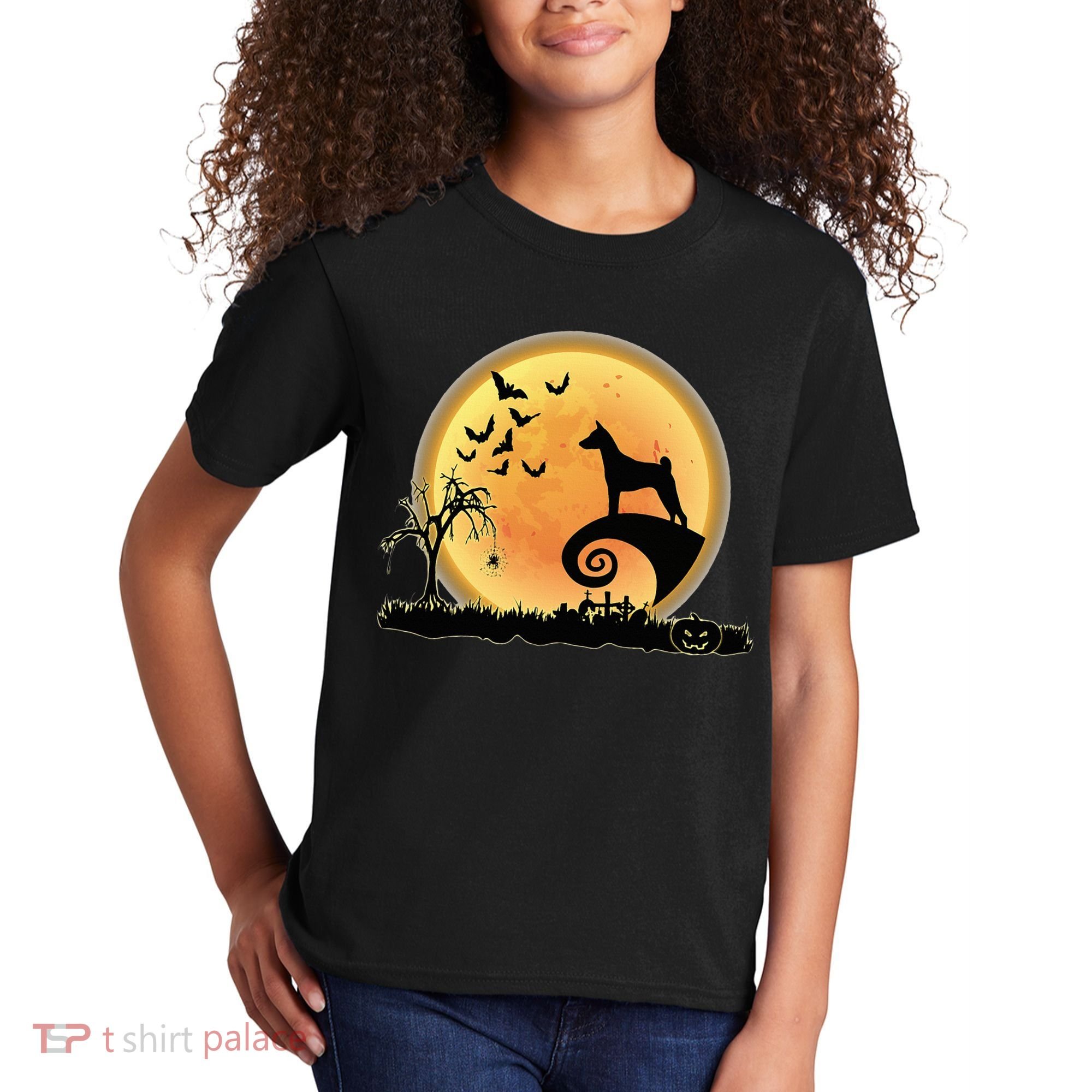 Basenji Scary And Moon Funny Dog Halloween Costume Kids T-Shirt