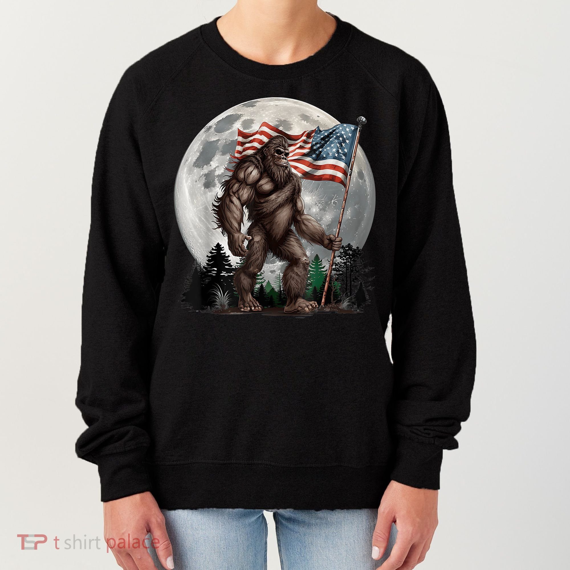 Bigfoot Sasquatch American Flag Full Moon Patriotics Women's Sweatshirt