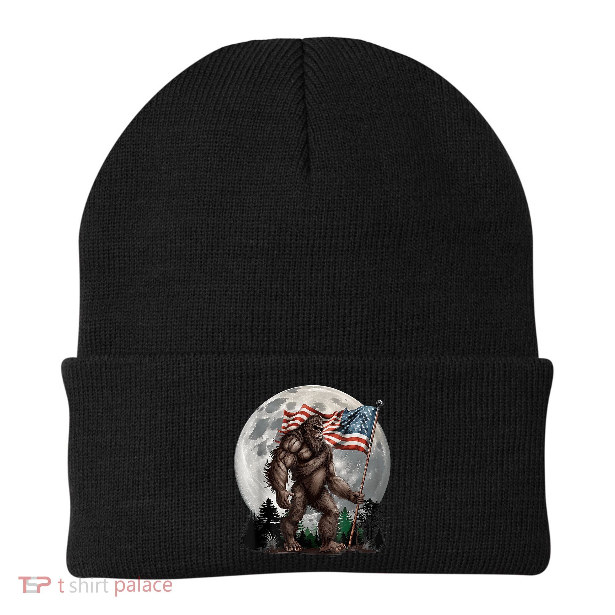 Bigfoot Sasquatch American Flag Full Moon Patriotics Beanie