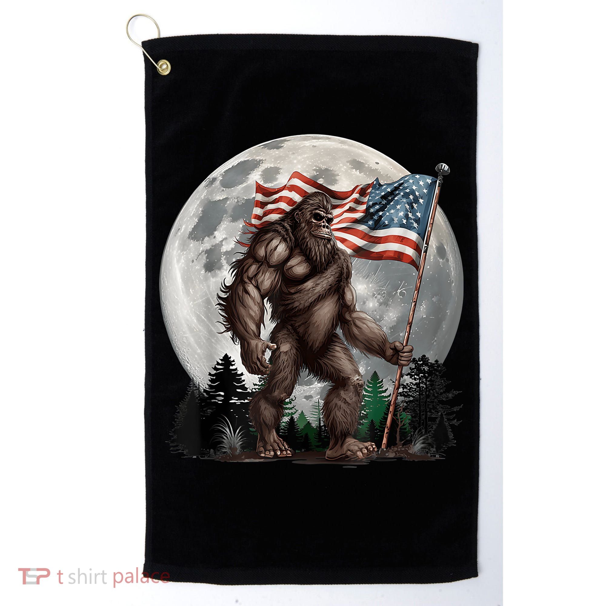 Bigfoot Sasquatch American Flag Full Moon Patriotics Golf Towel
