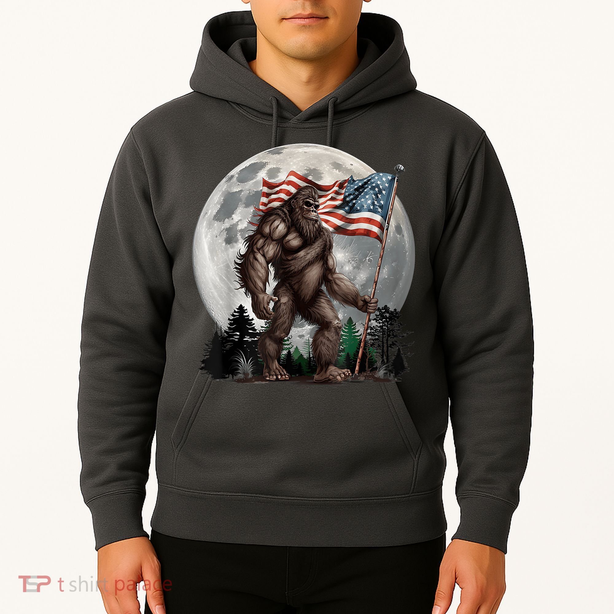 Bigfoot Sasquatch American Flag Full Moon Patriotics Hoodie