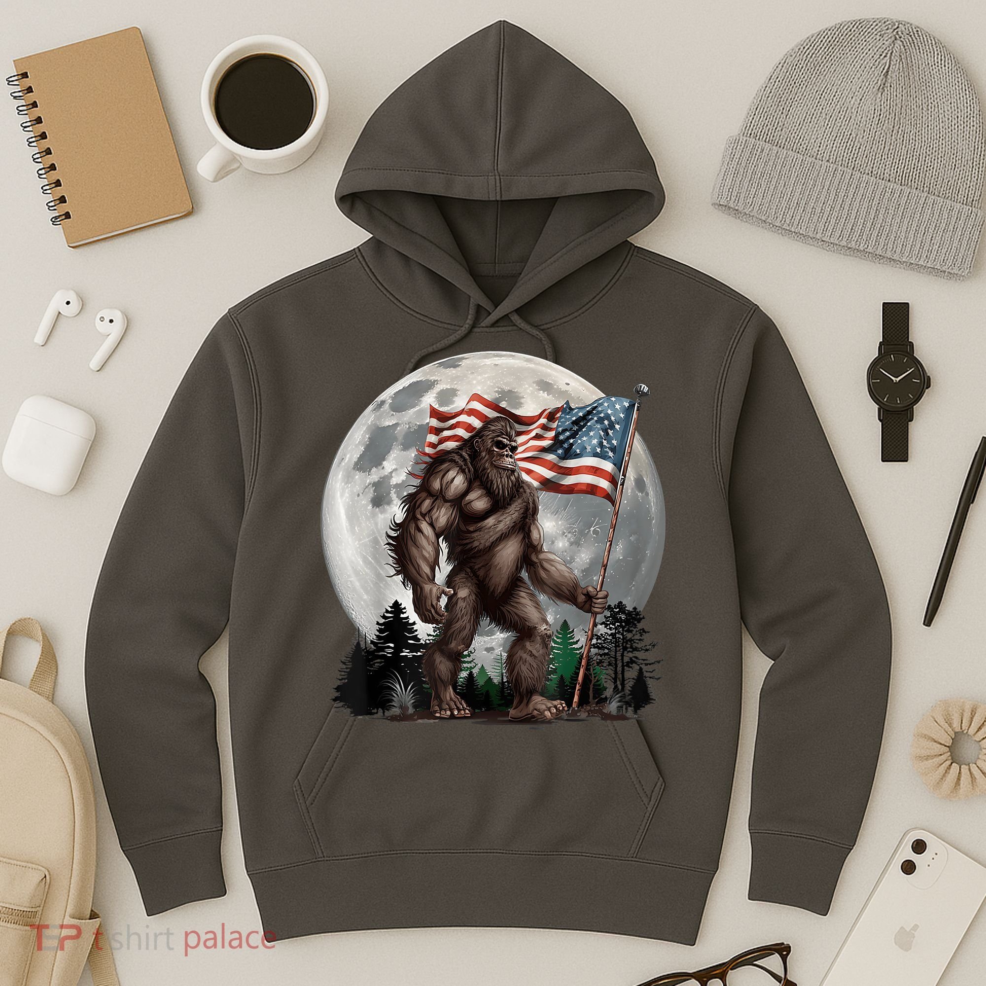Bigfoot Sasquatch American Flag Full Moon Patriotics Hoodie