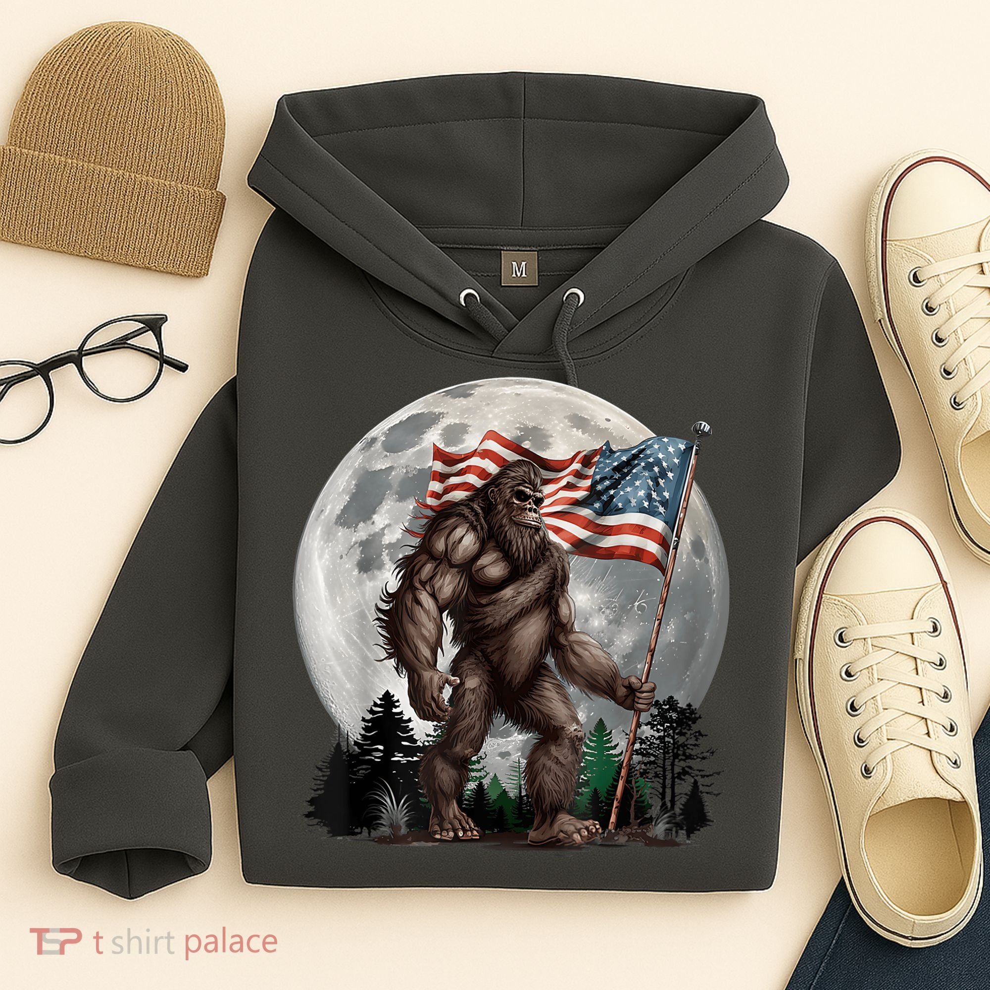 Bigfoot Sasquatch American Flag Full Moon Patriotics Hoodie