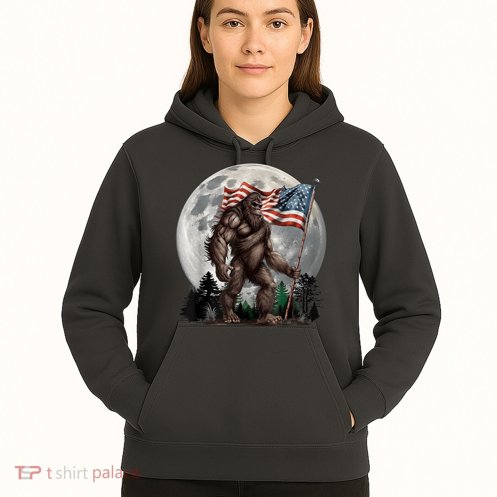 Bigfoot Sasquatch American Flag Full Moon Patriotics Hoodie