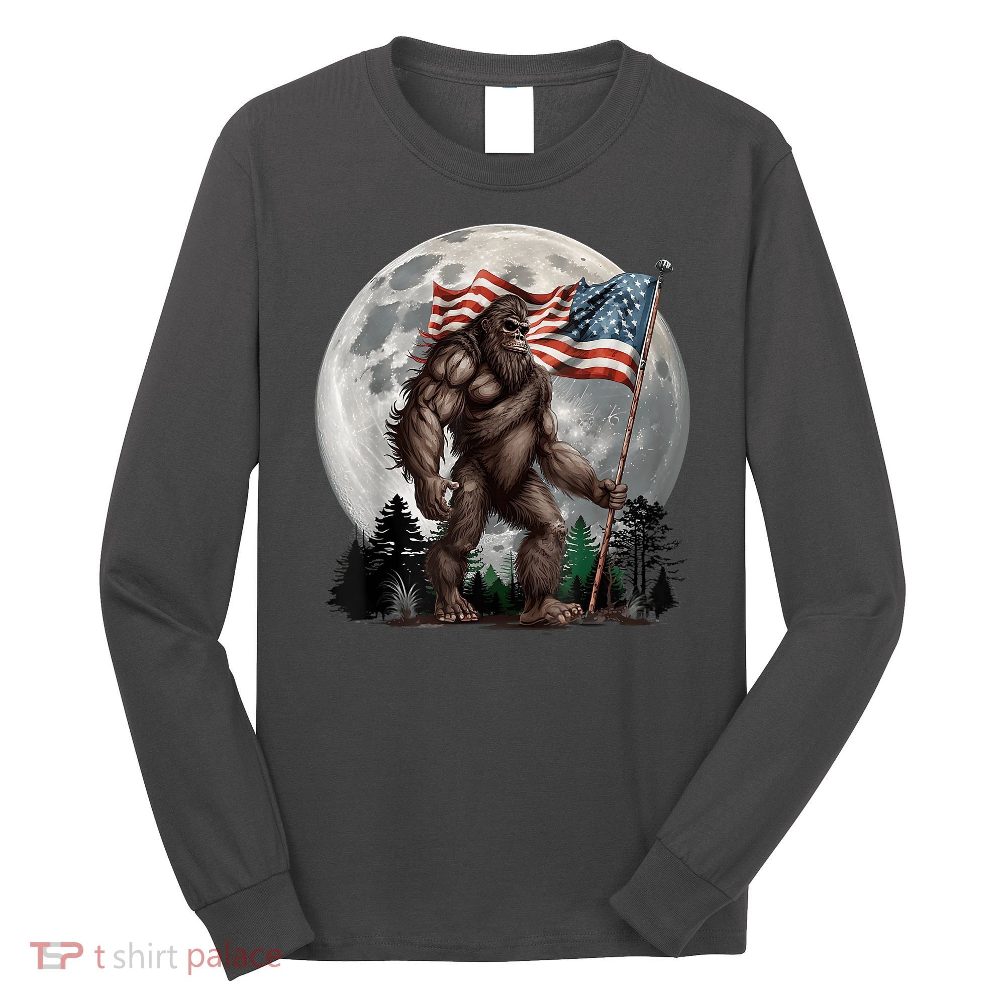 Bigfoot Sasquatch American Flag Full Moon Patriotics Long Sleeve Shirt