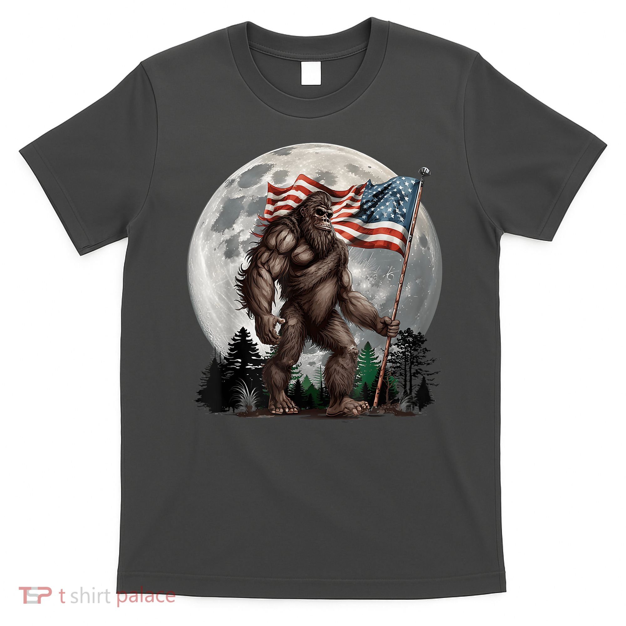 Bigfoot Sasquatch American Flag Full Moon Patriotics T-Shirt