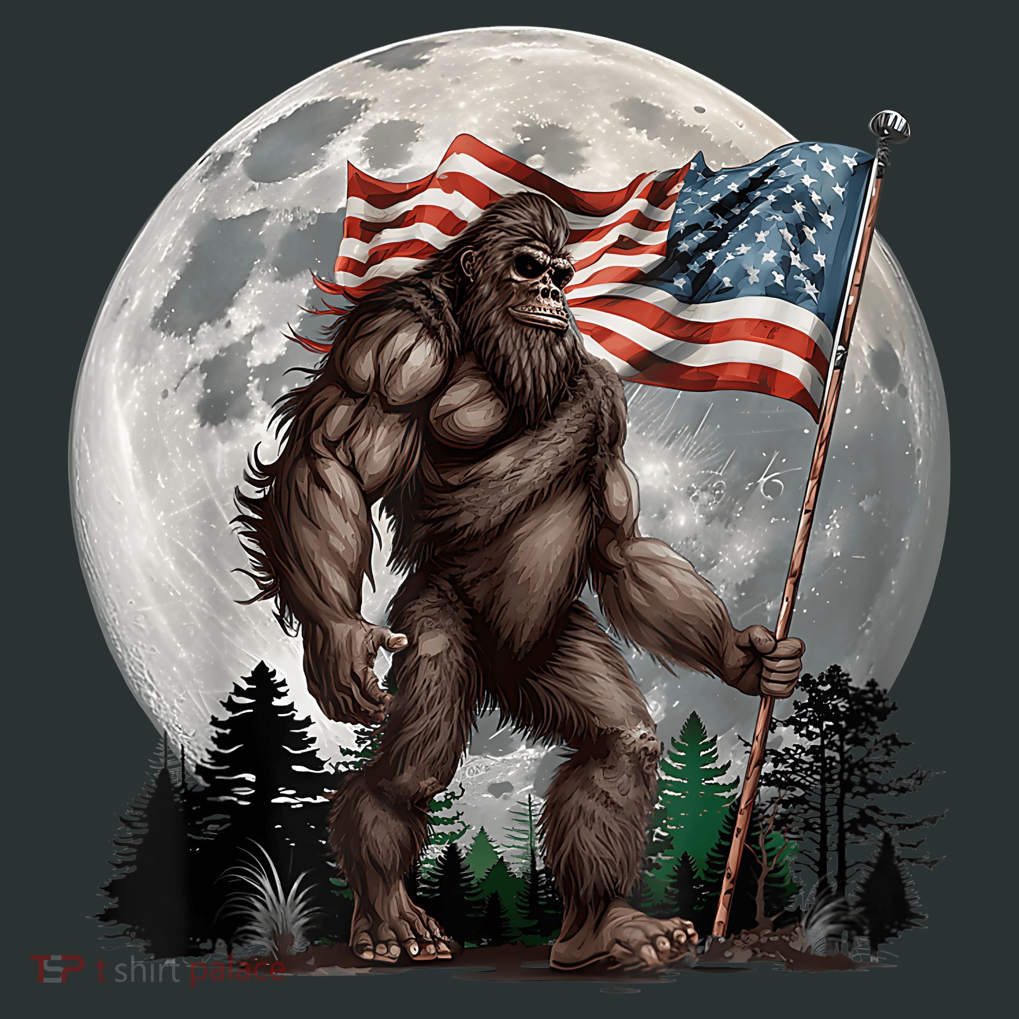 Bigfoot Sasquatch American Flag Full Moon Patriotics T-Shirt