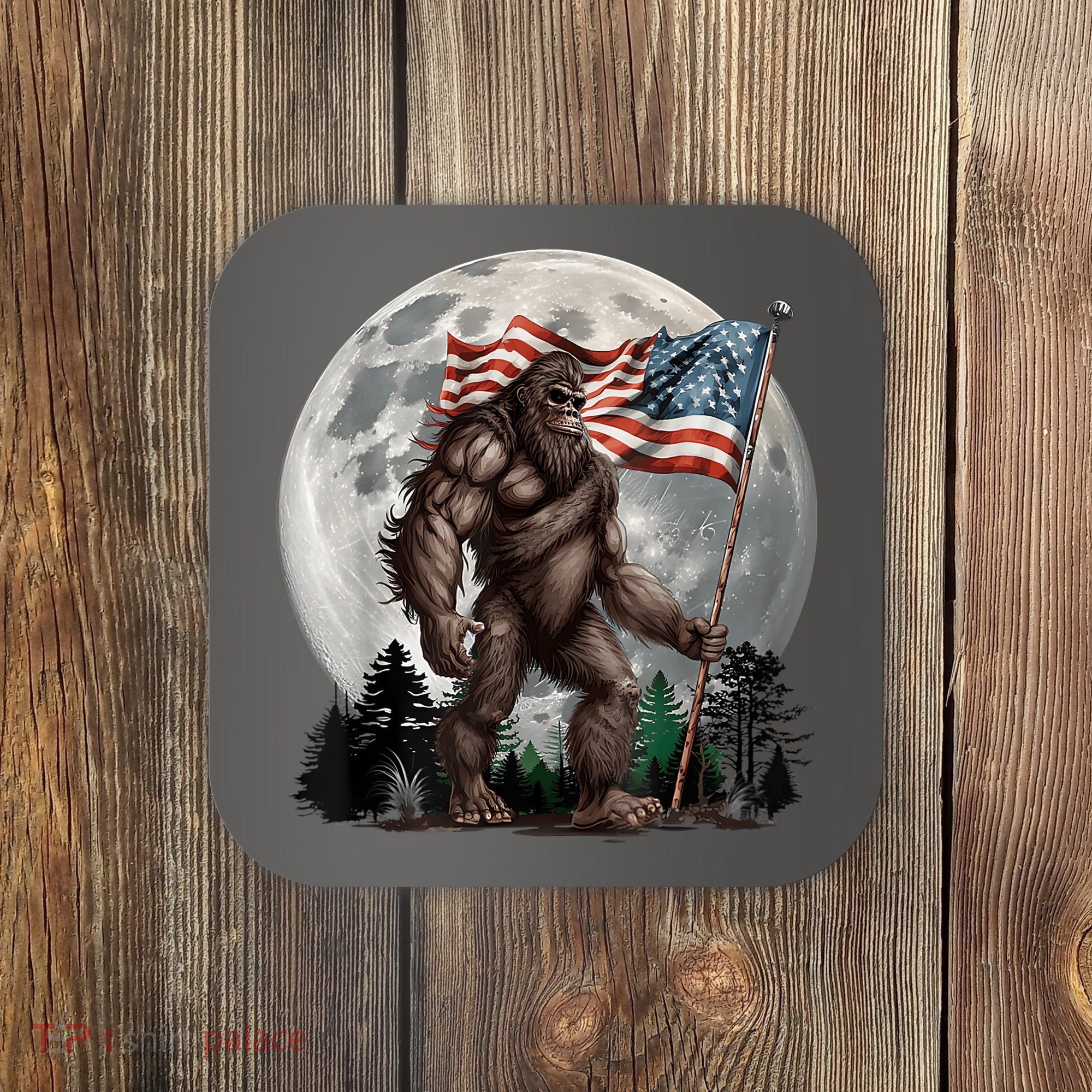 Bigfoot Sasquatch American Flag Full Moon Patriotics Coaster