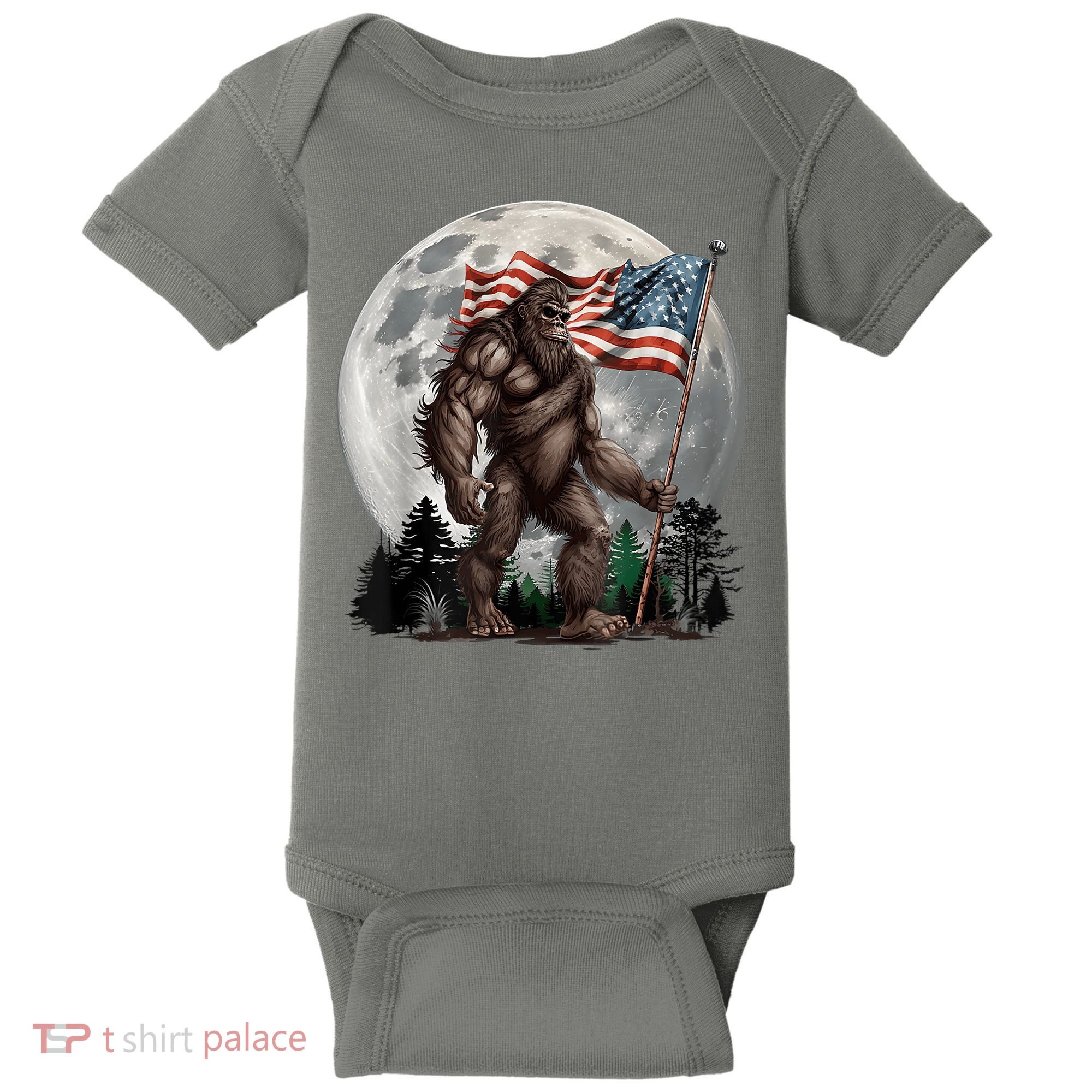 Bigfoot Sasquatch American Flag Full Moon Patriotics Baby Bodysuit