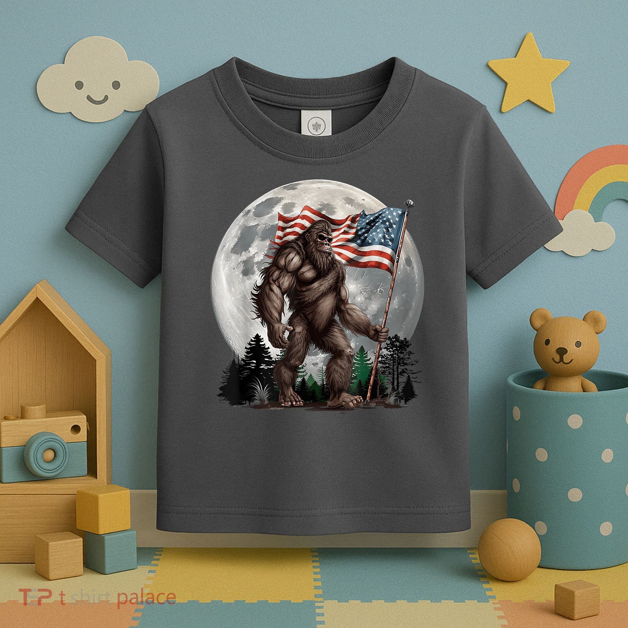 Bigfoot Sasquatch American Flag Full Moon Patriotics Toddler T-Shirt