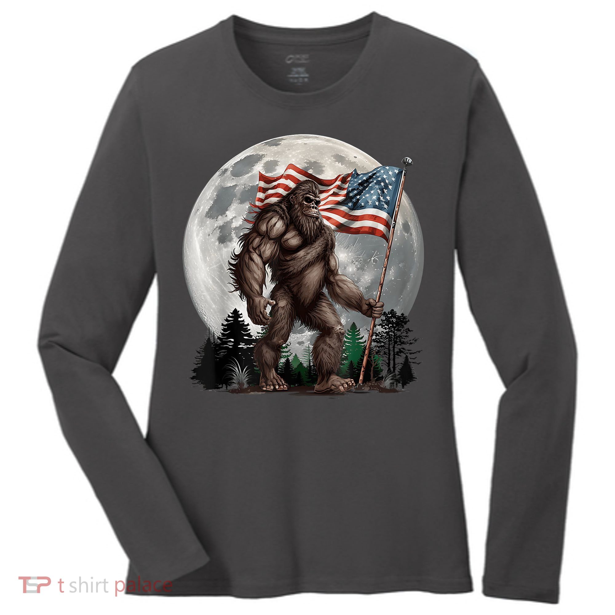 Bigfoot Sasquatch American Flag Full Moon Patriotics Women's Long Sleeve Shirt