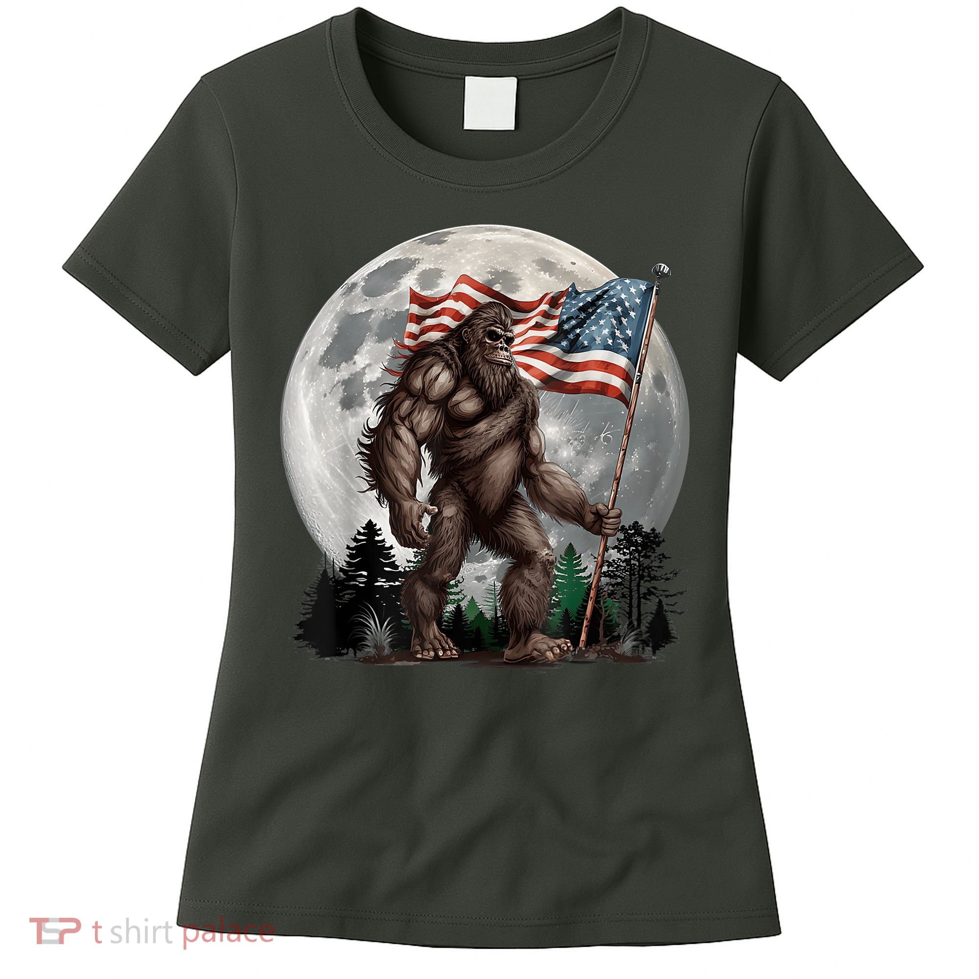 Bigfoot Sasquatch American Flag Full Moon Patriotics Women's T-Shirt